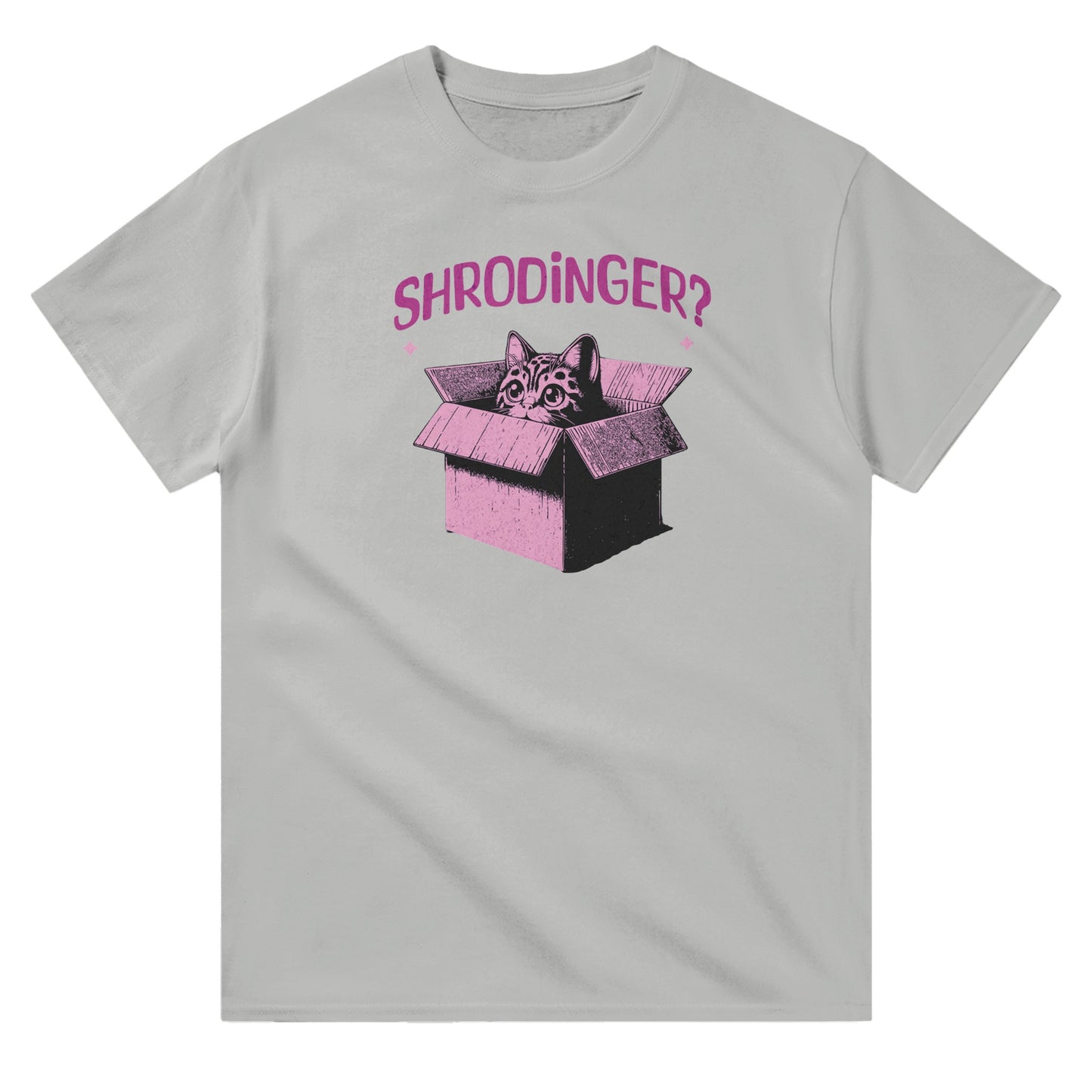 Grey unisex crewneck T-shirt with pink graphic of a cat in a box and text “Schrödinger?” – funny science and cat lover shirt.
