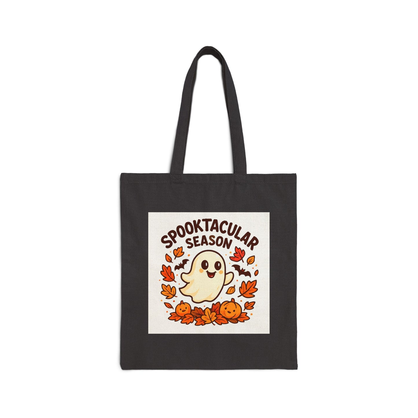Black tote bag with Halloween-themed design featuring a ghost, pumpkins, and leaves on a white background.
