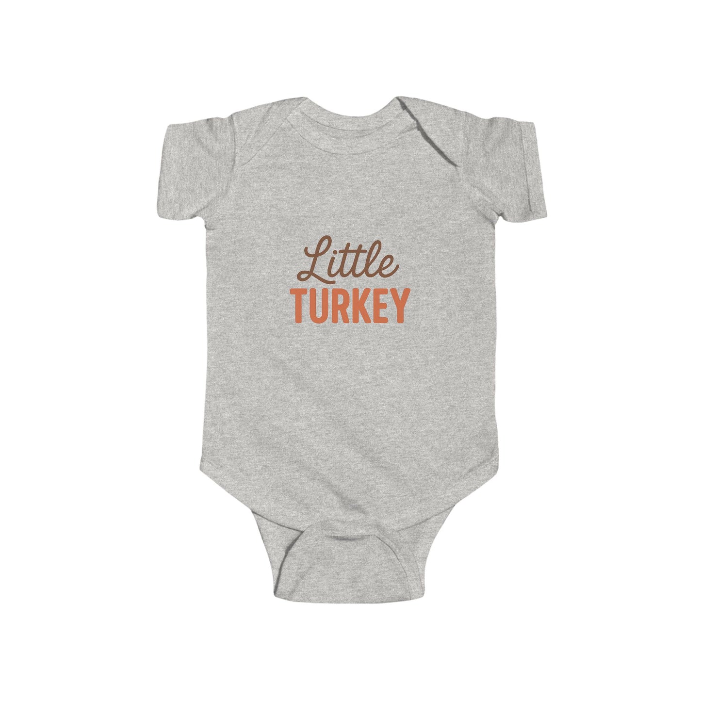 Gray baby onesie with 'Little Turkey' text on a white background