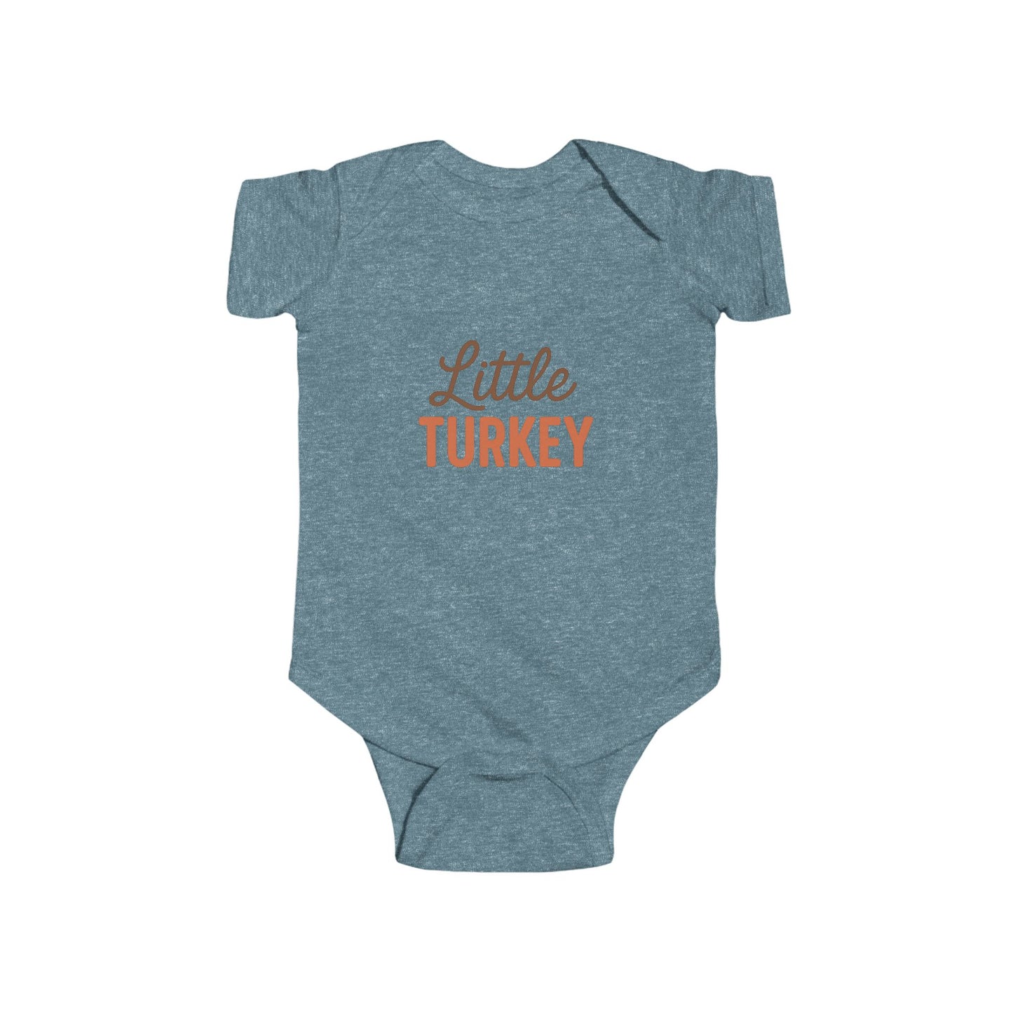 Blue baby onesie with 'Little Turkey' text on a white background