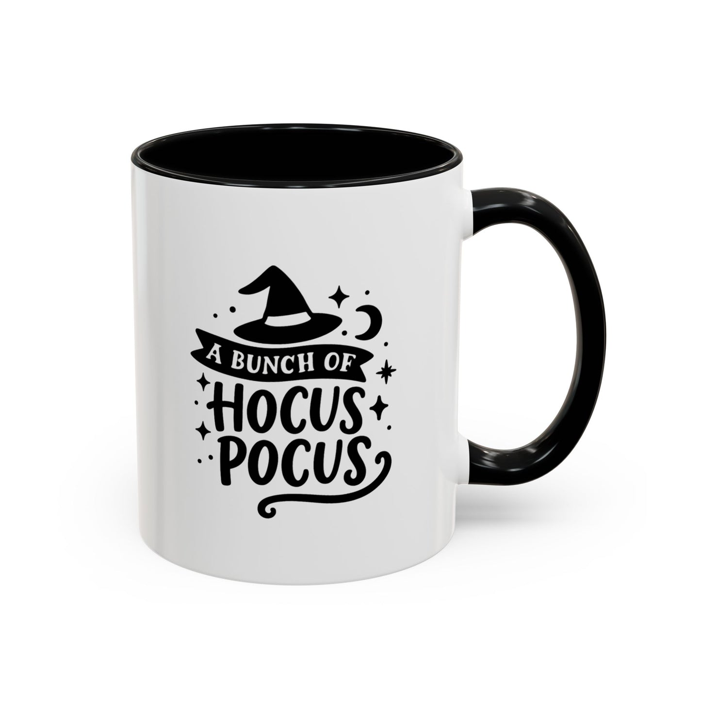White mug with black handle featuring a Halloween-themed design and text.