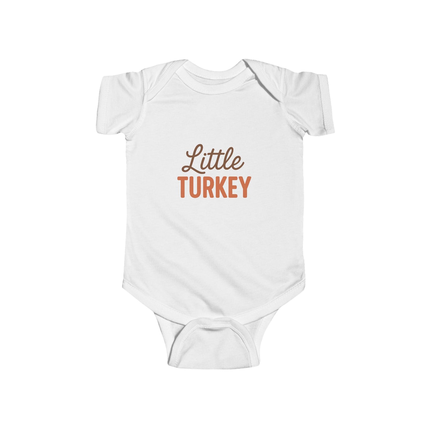White baby onesie with 'Little Turkey' text on a white background