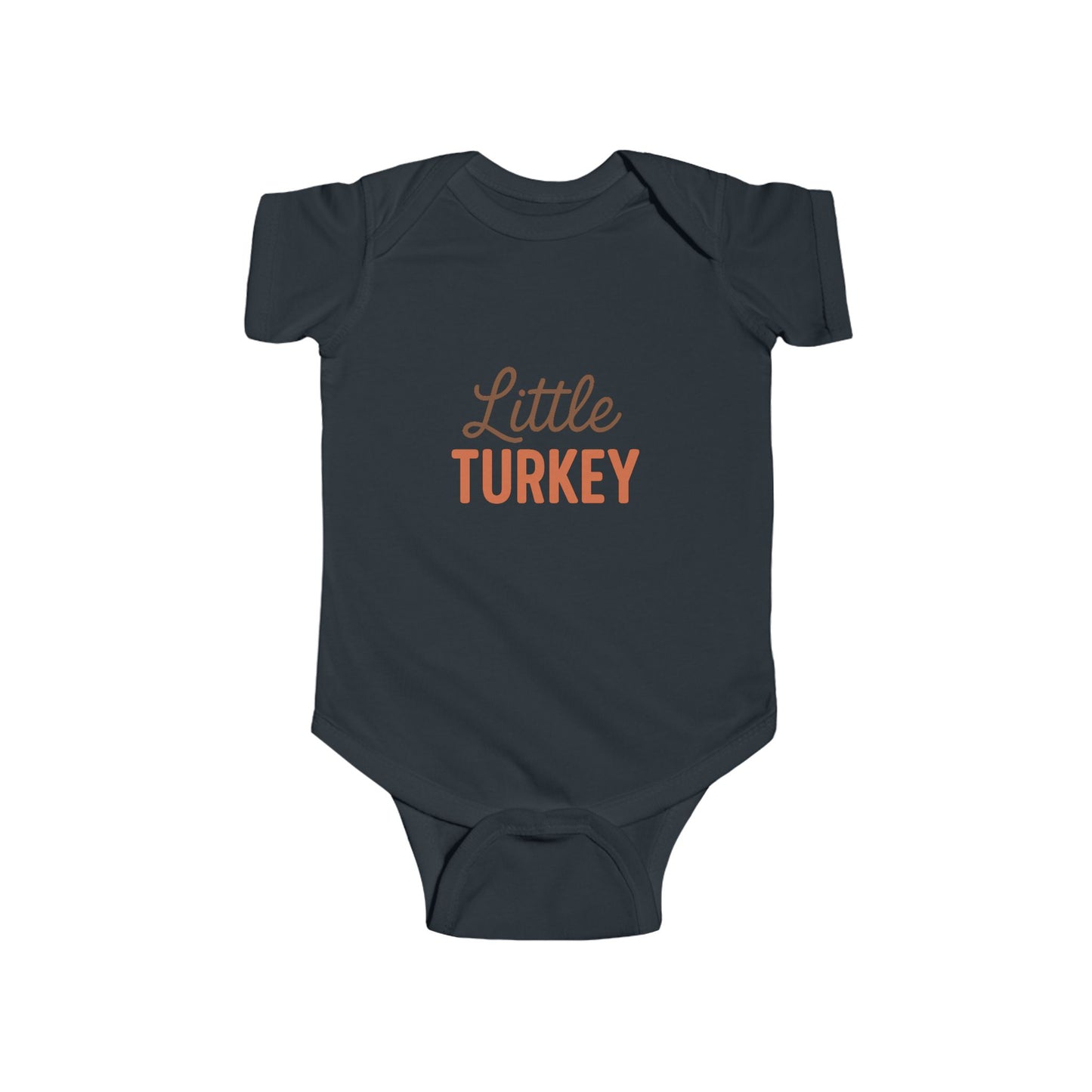 Navy blue baby onesie with 'Little Turkey' text on a white background