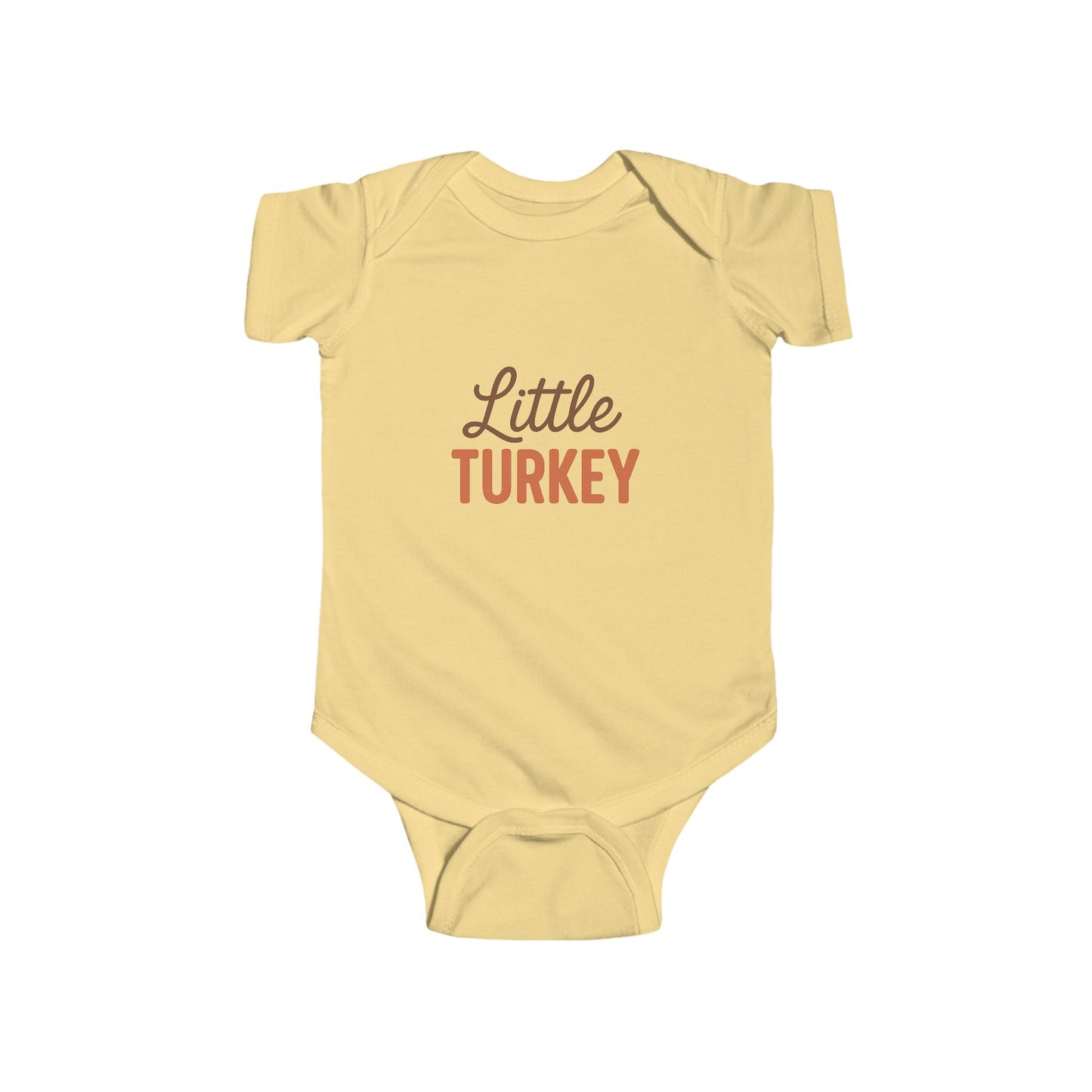 Yellow baby onesie with 'Little Turkey' text on a white background