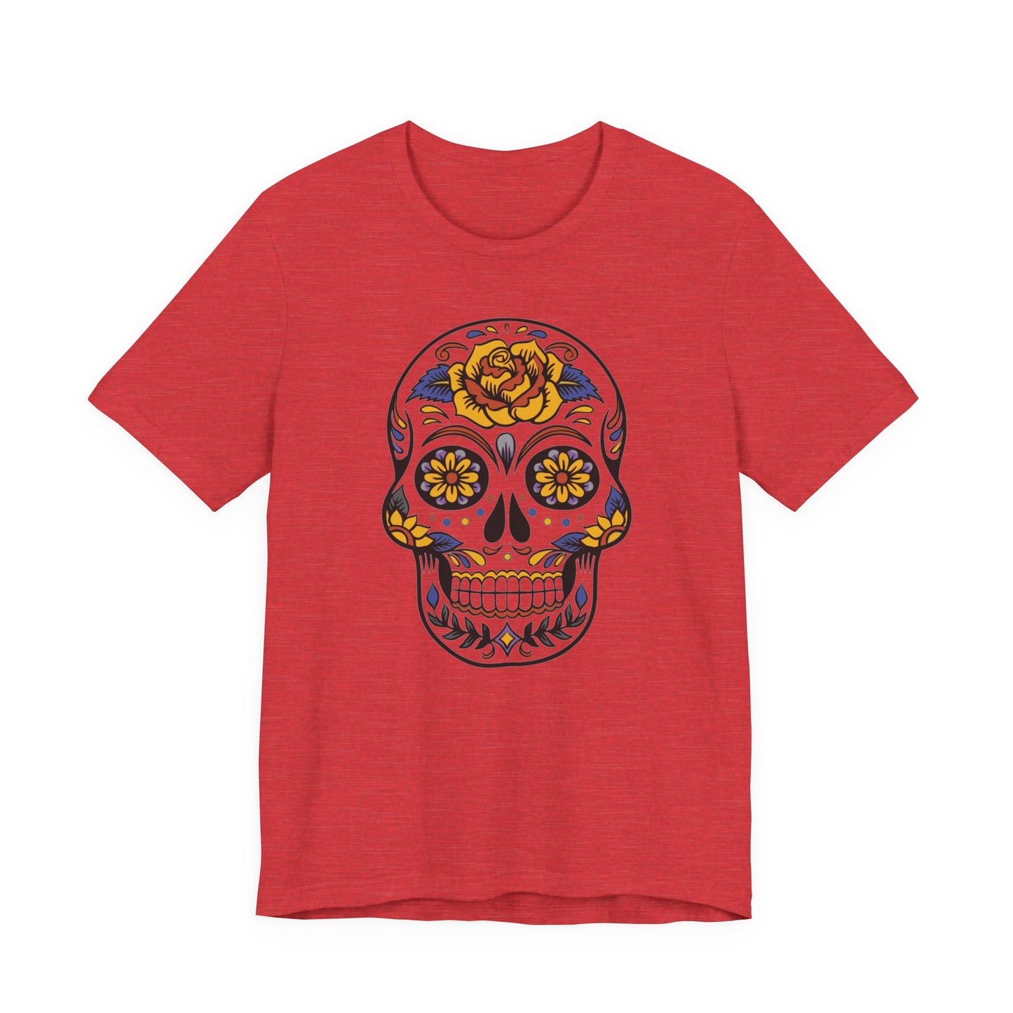 Red t-shirt with a colorful skull design on a white background