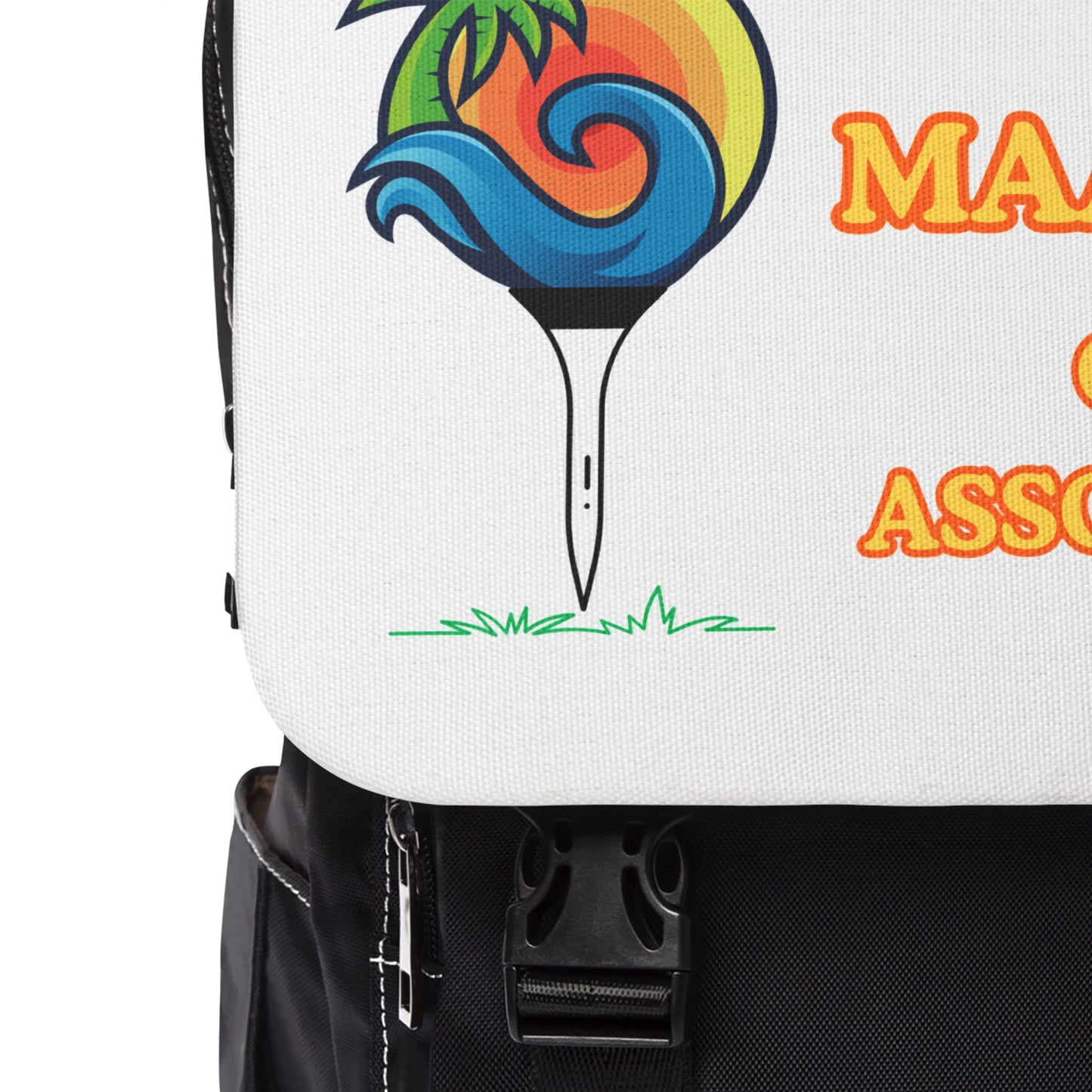 Backpack with a colorful design of a golf club, palm tree, and sun on a white background.