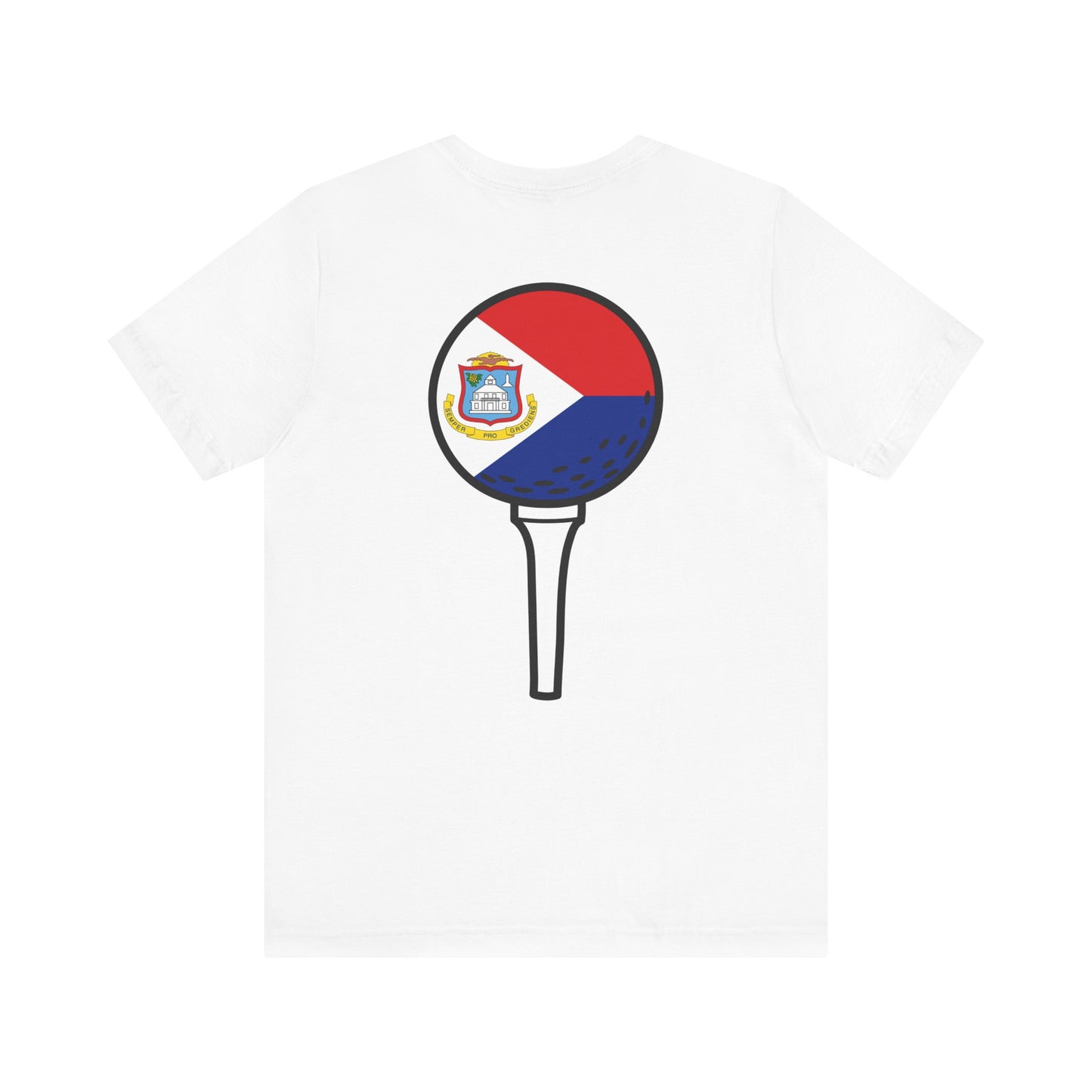 White t-shirt with a graphic of a golf ball and tee featuring the flag of Saint Martin on a white background.