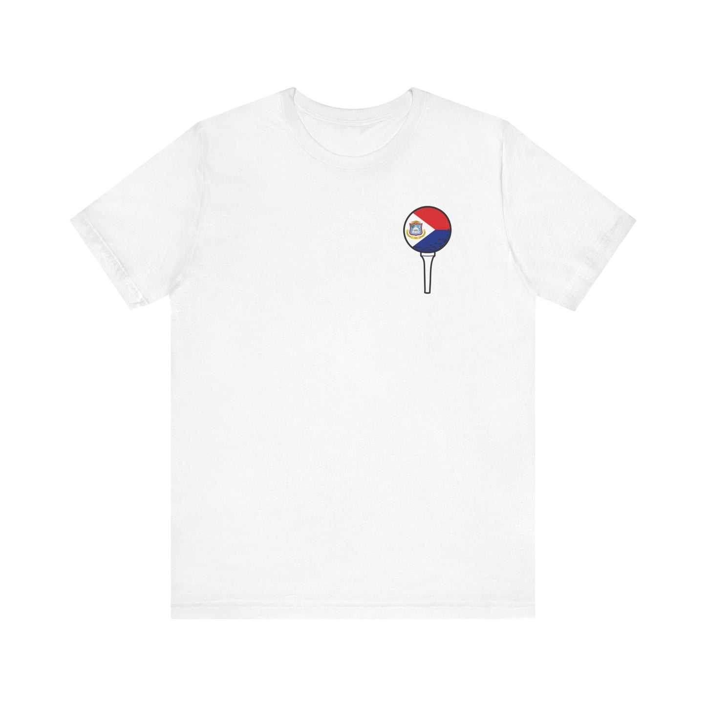 White t-shirt with a colorful graphic on a white background