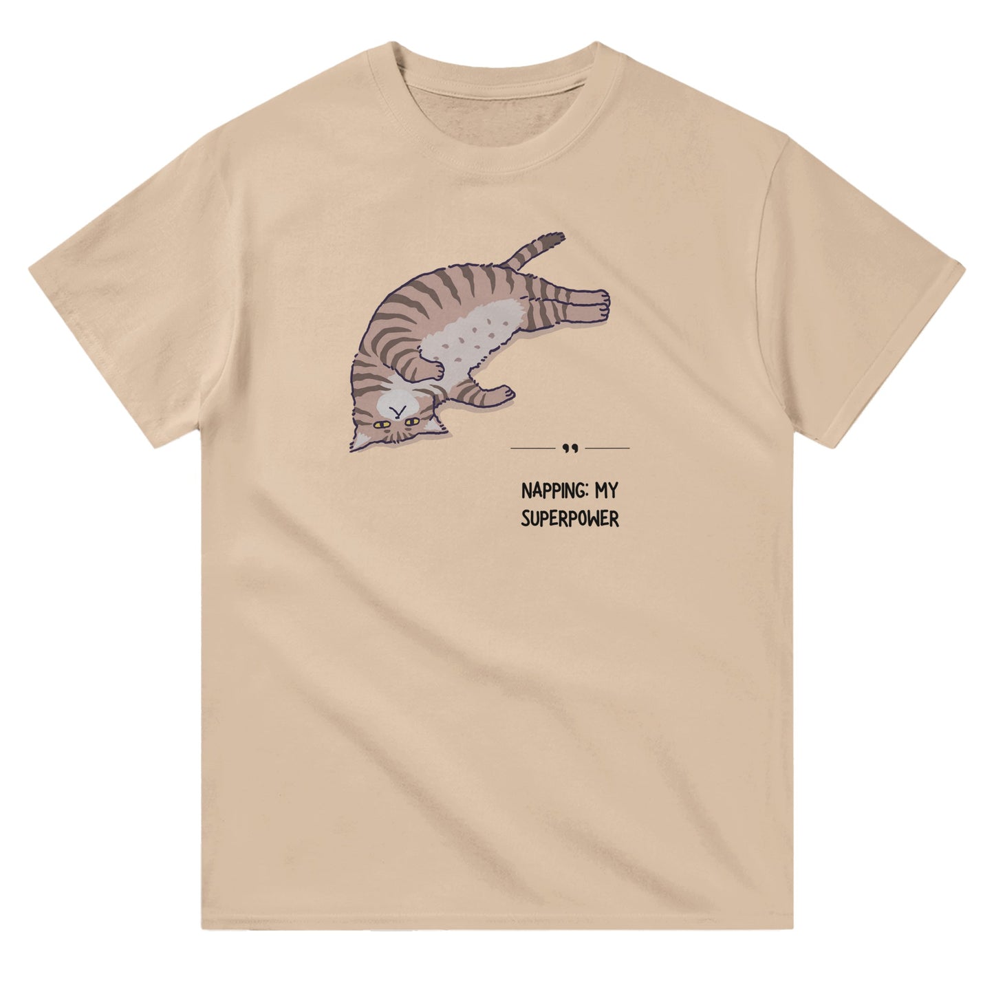 Beige unisex crewneck T-shirt with graphic of a sleeping cat and text “Napping: My Superpower” – funny cat lover shirt.