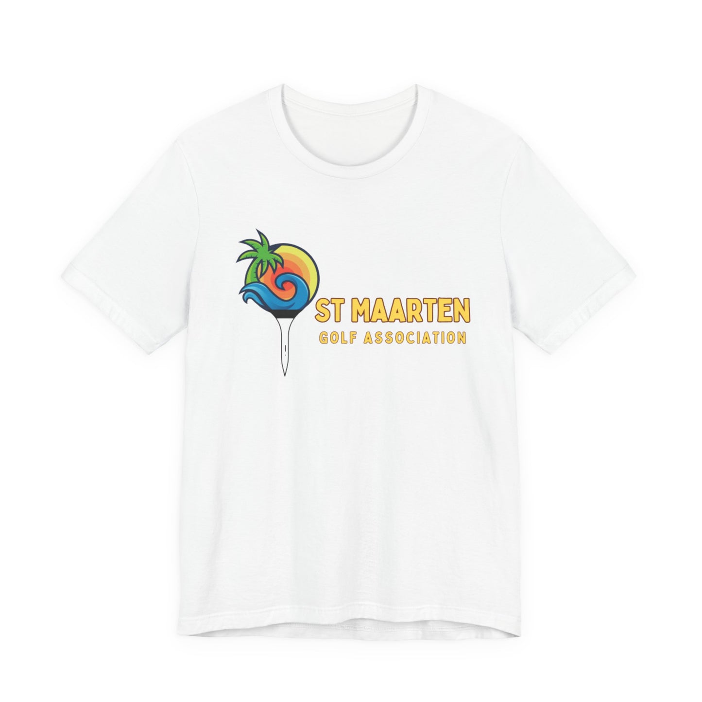 White t-shirt with St Maarten Golf Association logo on a white background