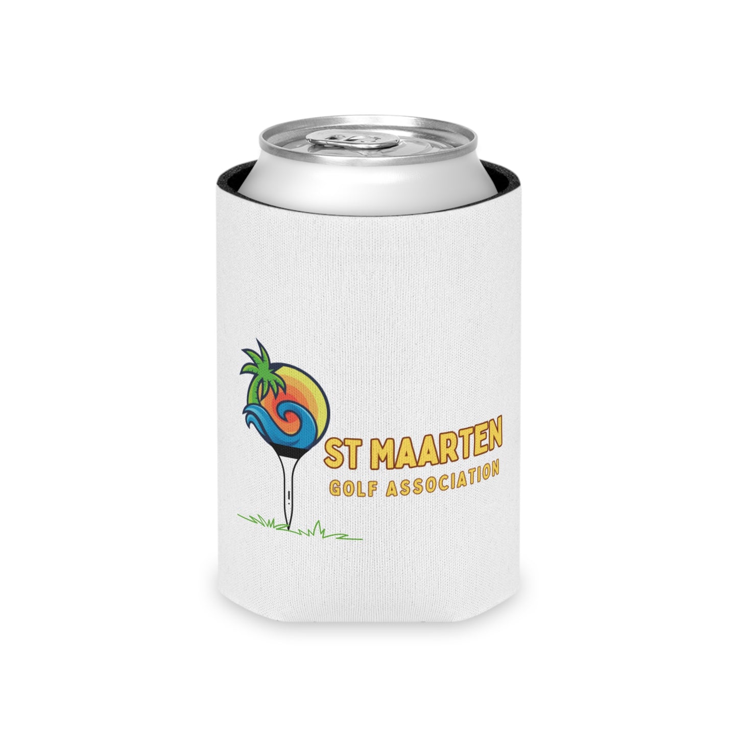 White can cooler with St Maarten Golf Association logo on a white background