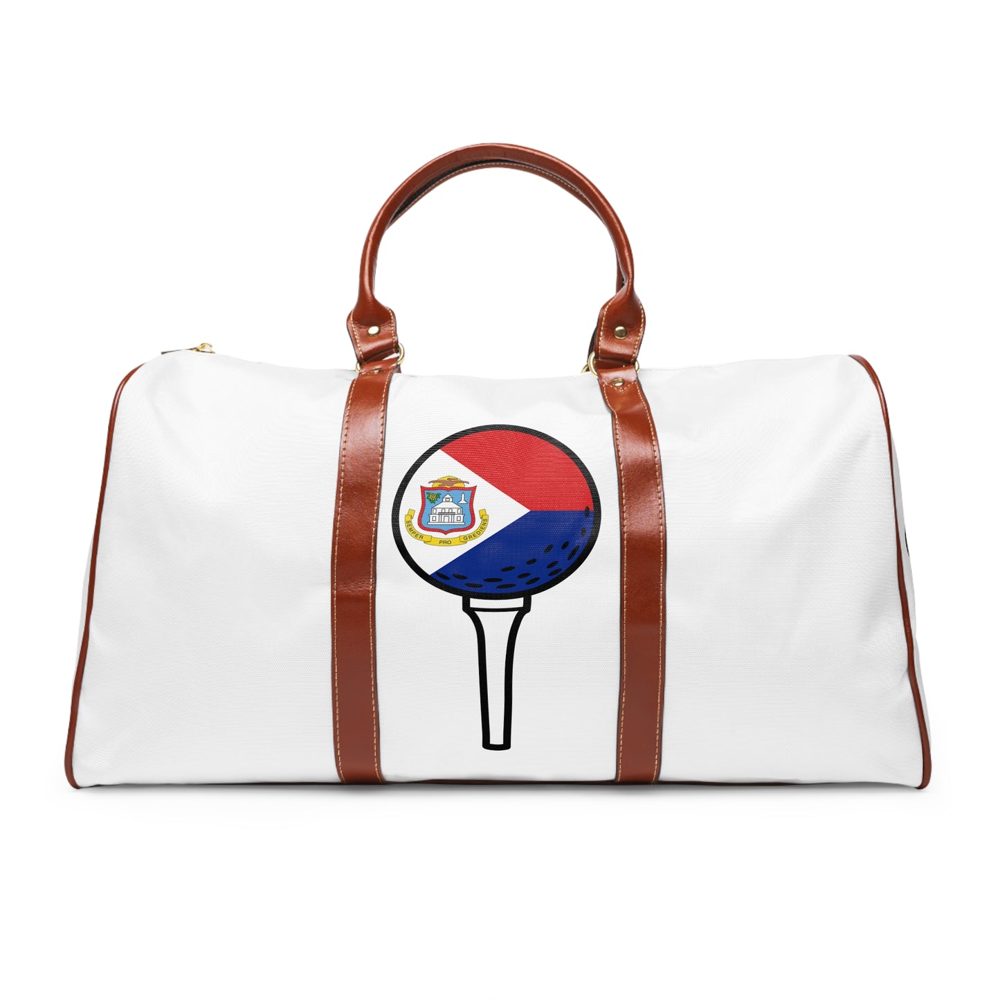 White duffel bag with brown handles featuring a flag design on a white background