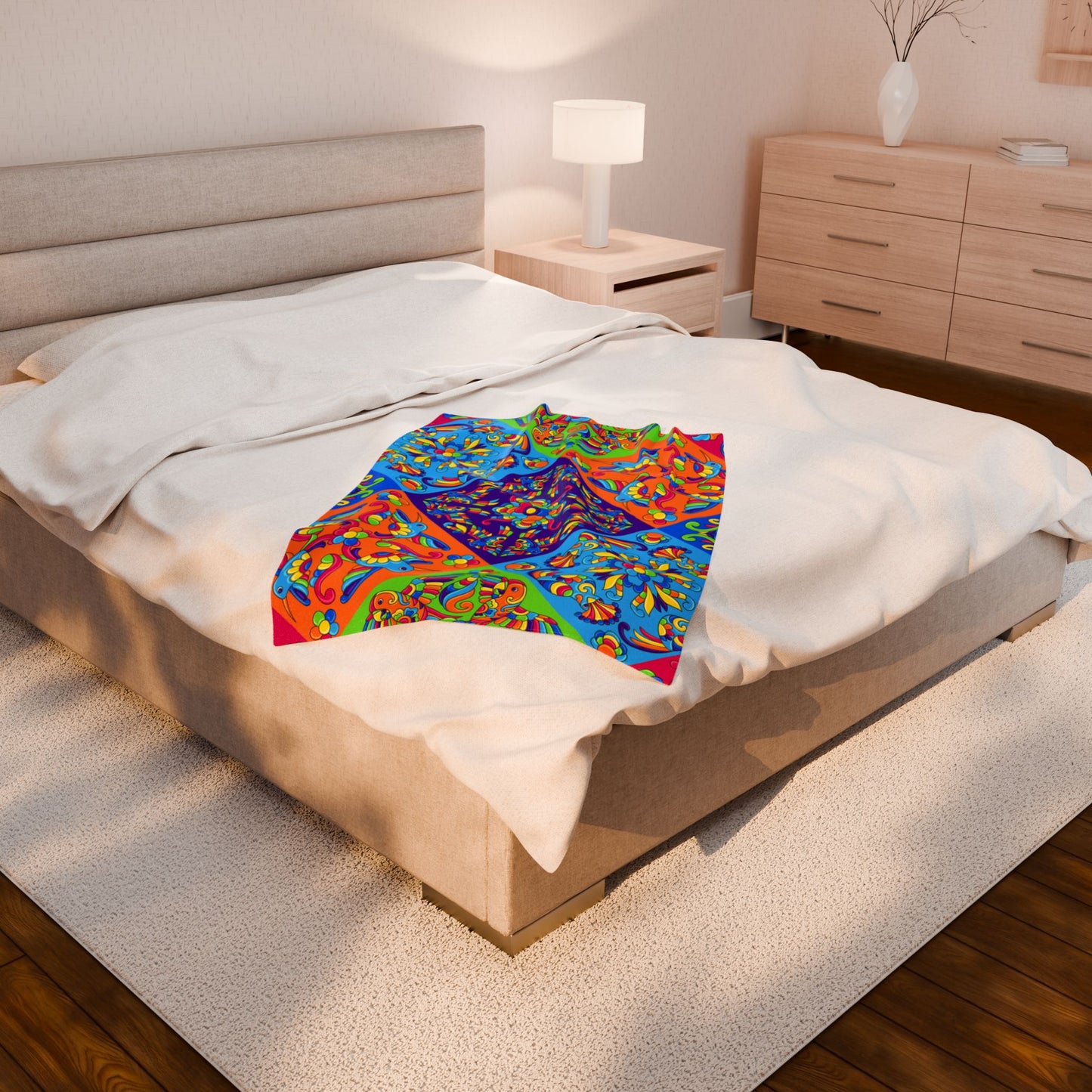 Bohemian style mandala blanket with bold multicolor artwork