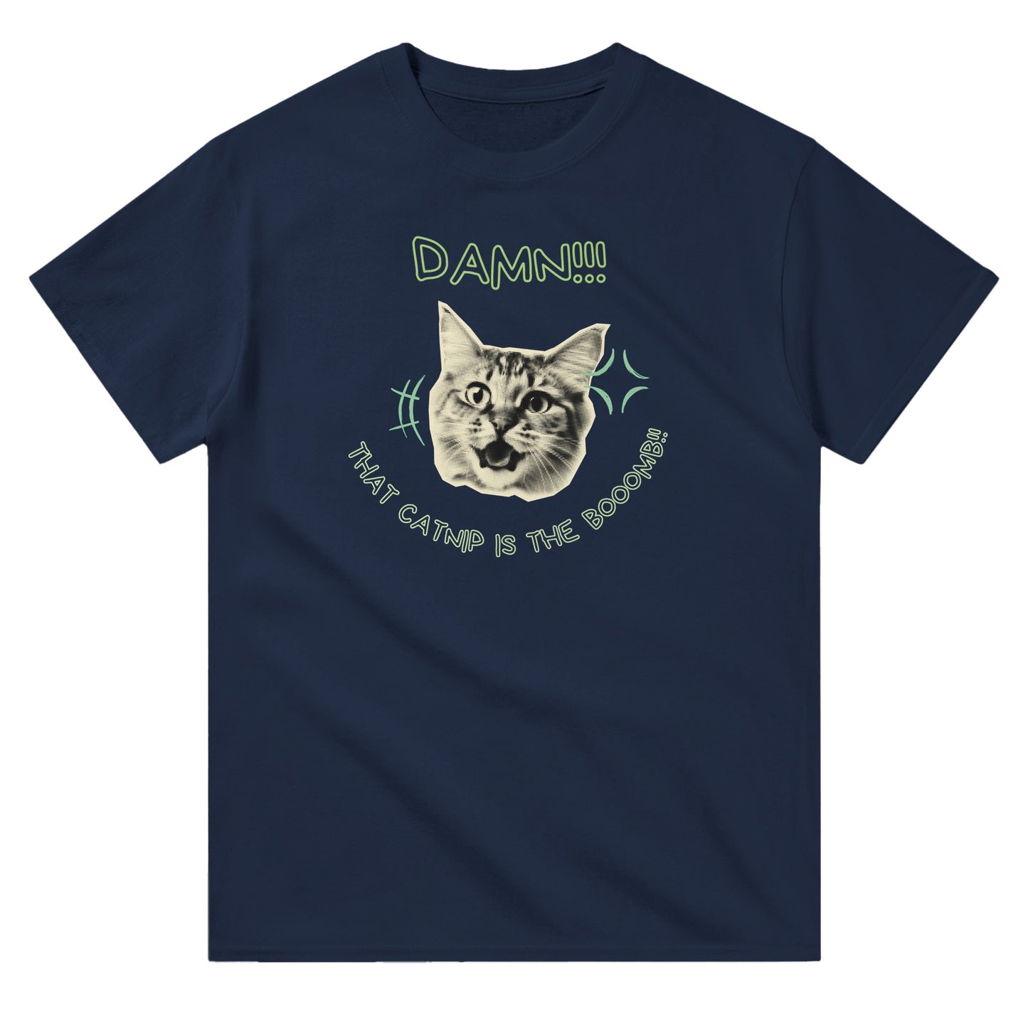Navy blue T-shirt with cat face graphic and text “Damn!!! That Catnip Is the Booomb” – funny cat lover shirt.