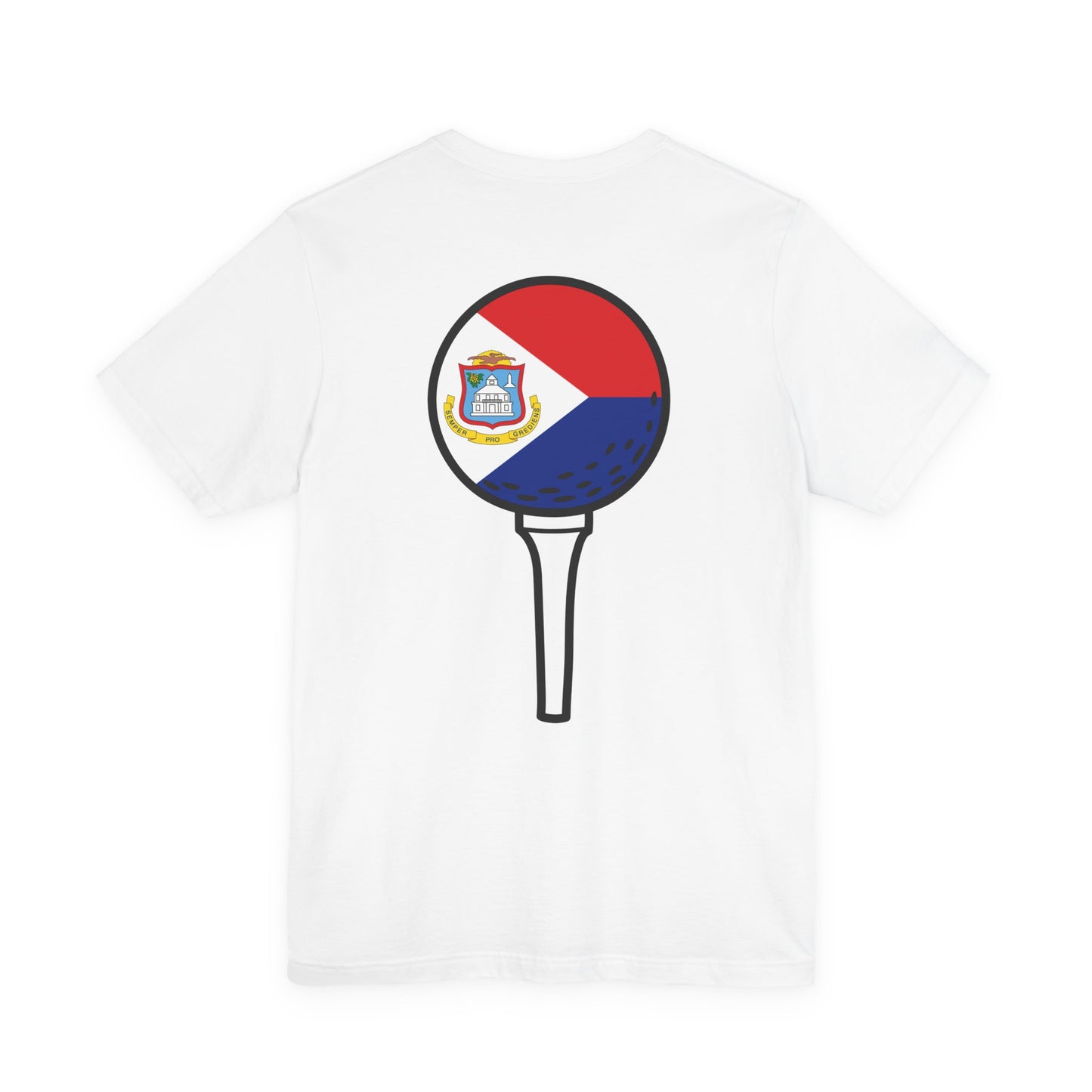 White t-shirt with a graphic of a golf ball and tee design on a white background