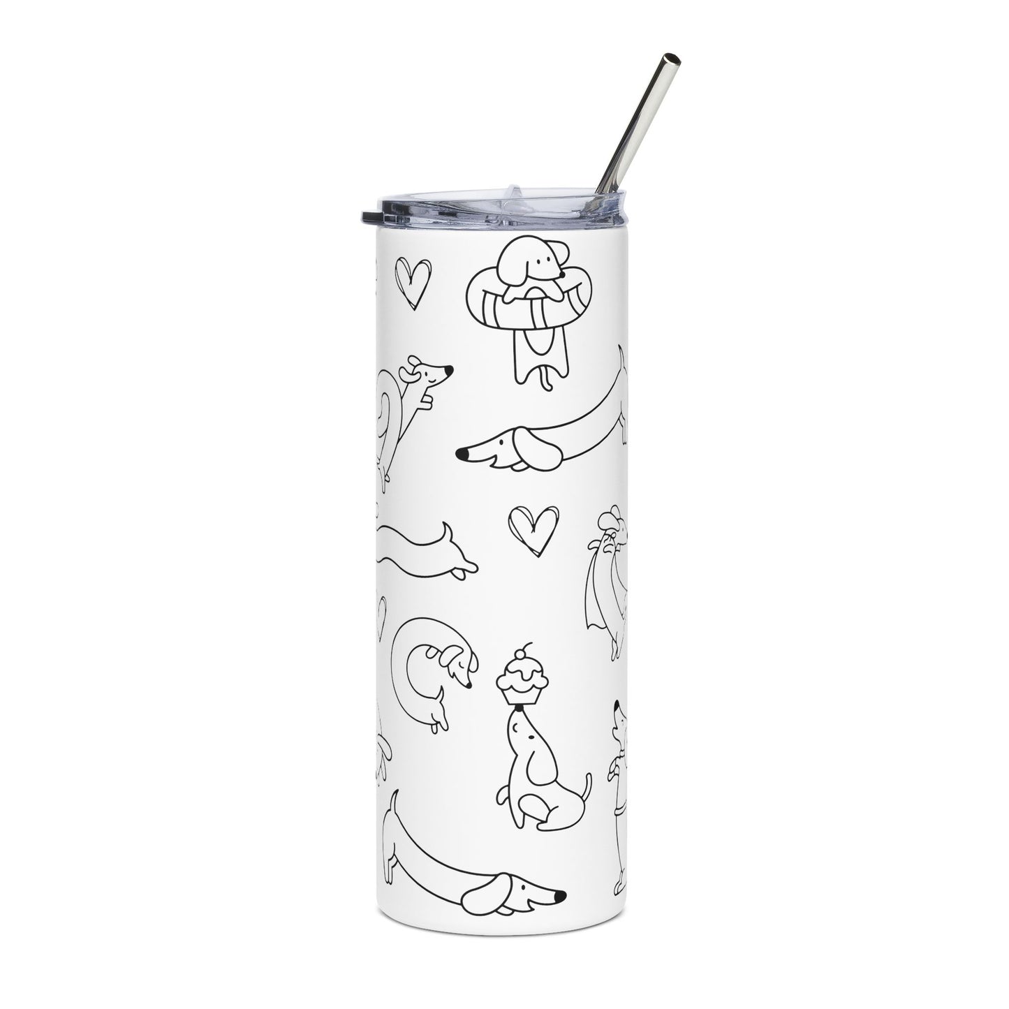 Tumbler with black and white illustrations on a white background