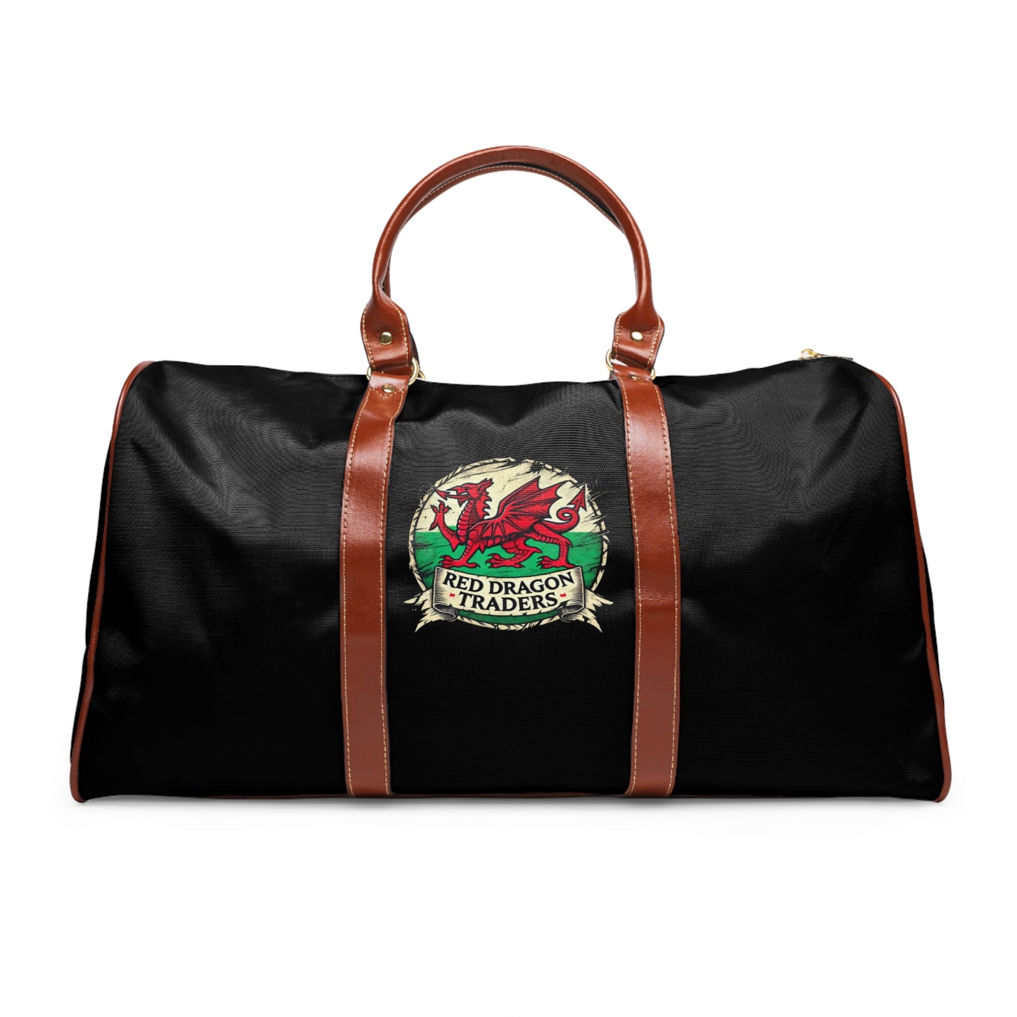 Black duffel bag with brown straps and Red Dragon Traders logo on a white background
