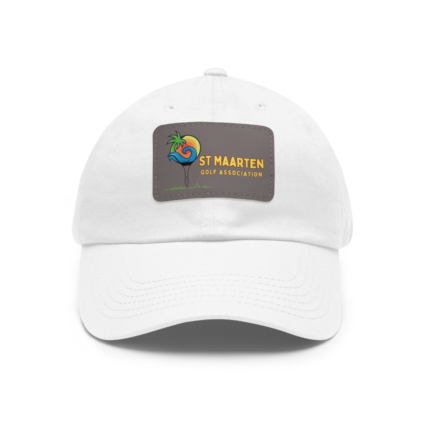 White cap with a logo patch on a white background