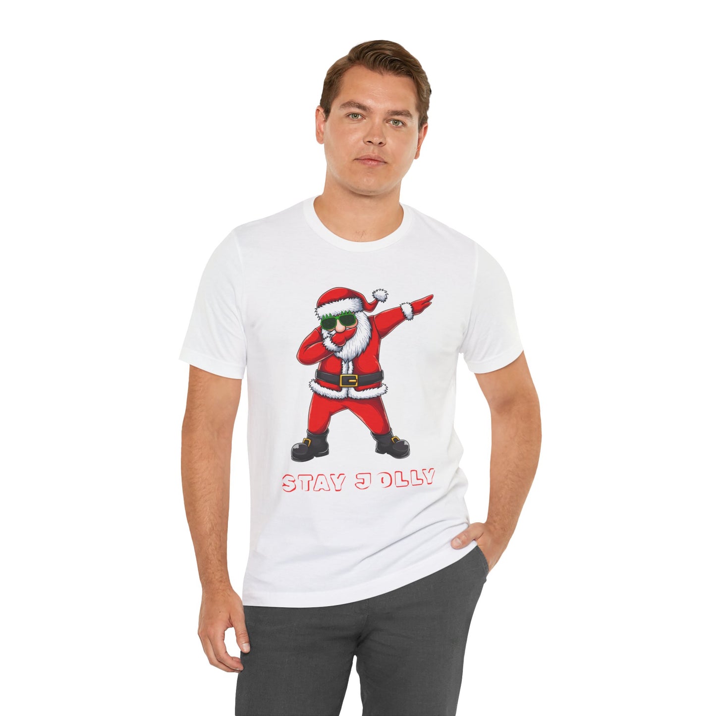 Man wearing a white t-shirt with a graphic of a dabbing Santa Claus and text 'Stay Dolly' on a white background.