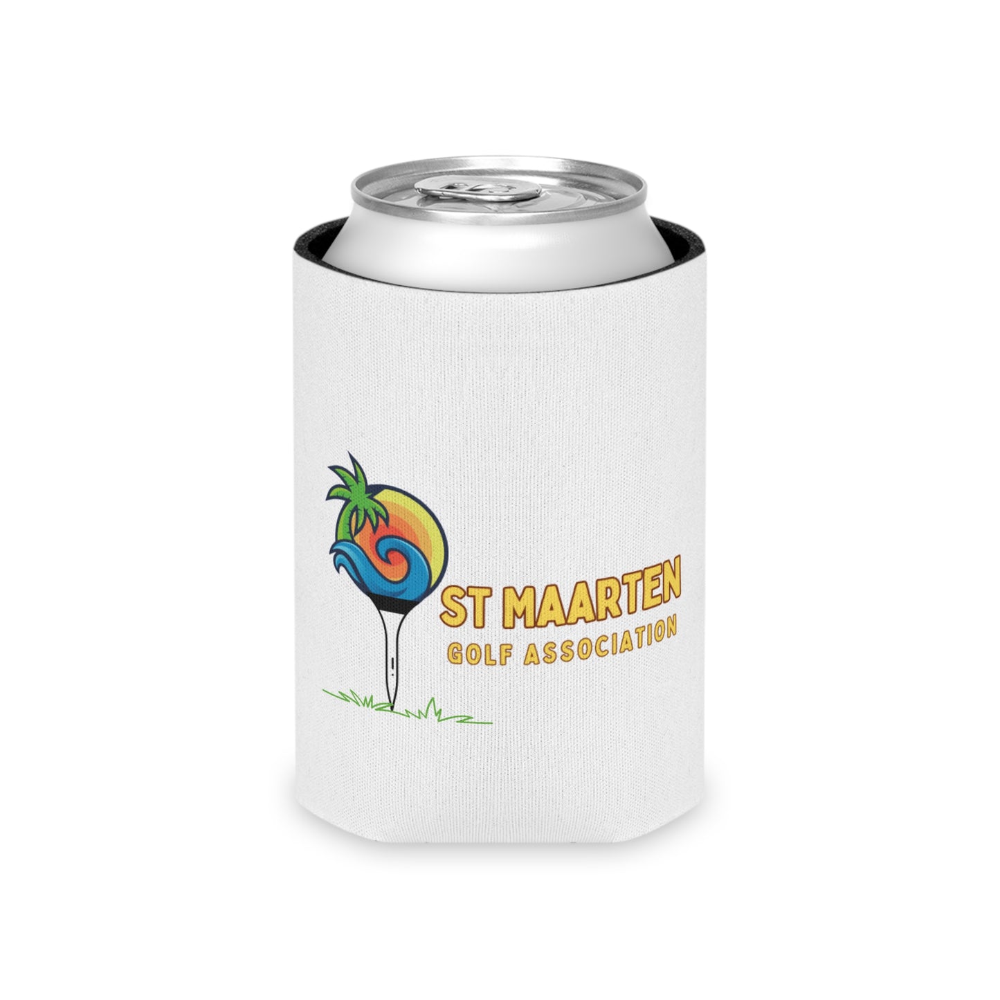 White can cooler with St Maarten Golf Association logo on a white background