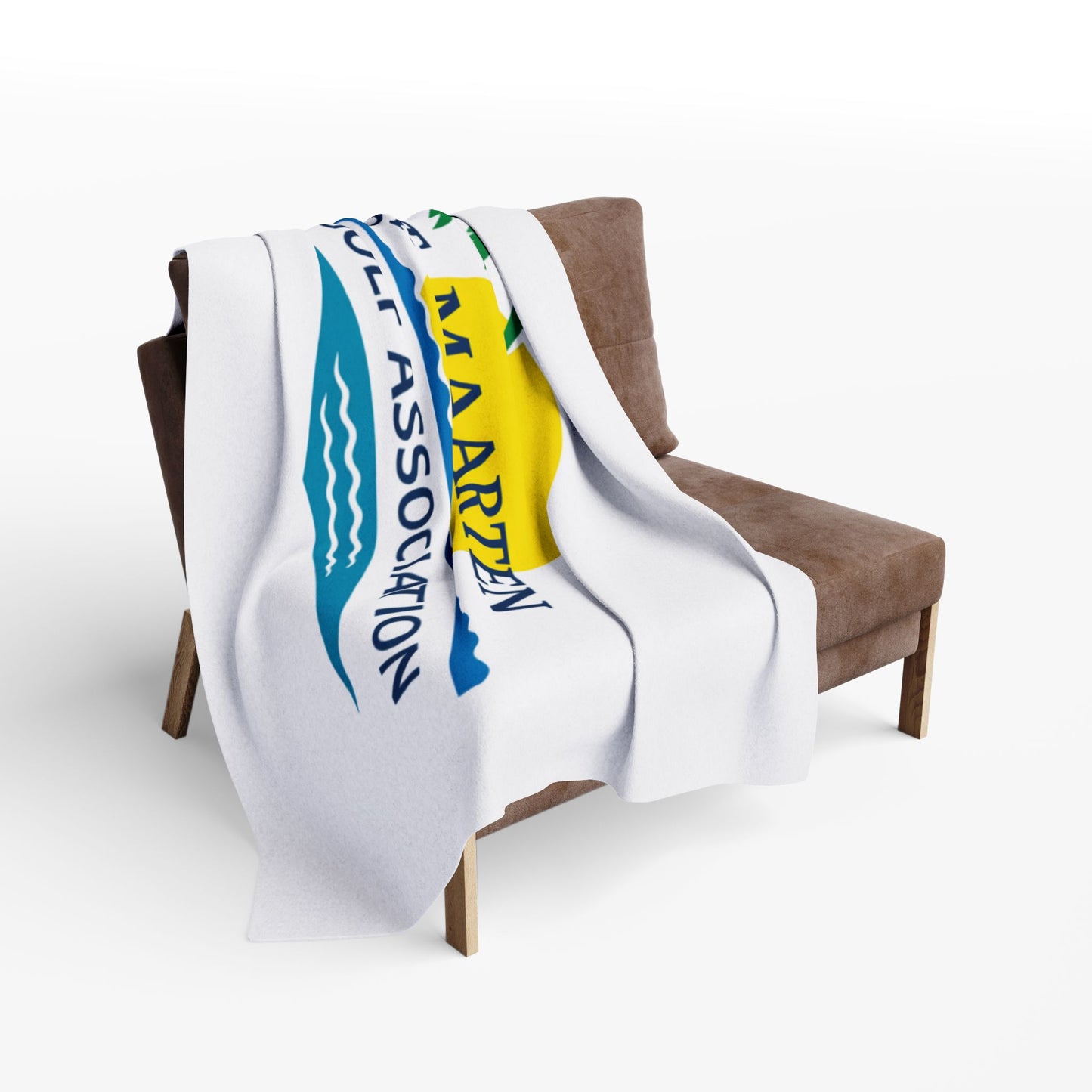 Blanket with a logo draped over a chair on a white background