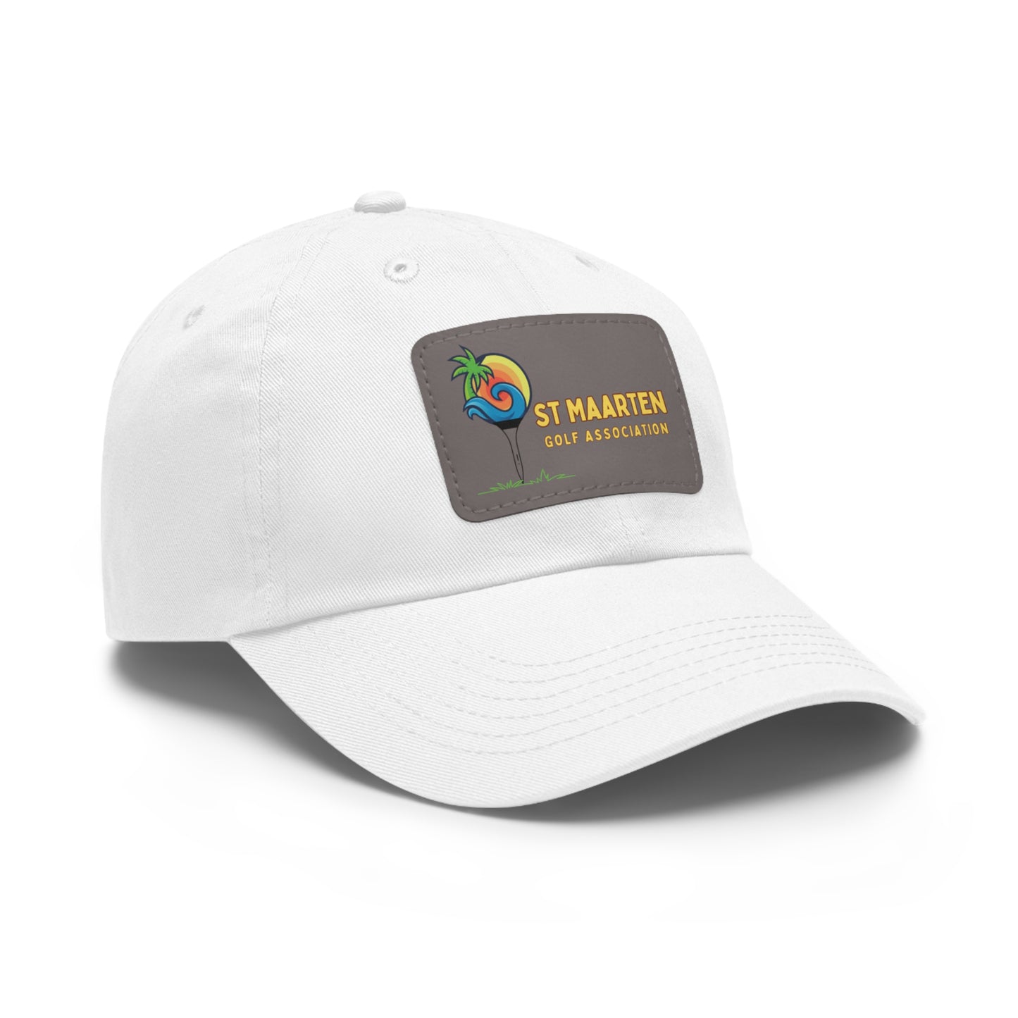 White cap with a logo patch on a white background