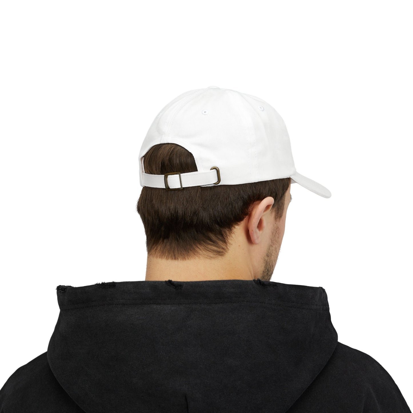 Person wearing a white cap and black hoodie from behind on a white background