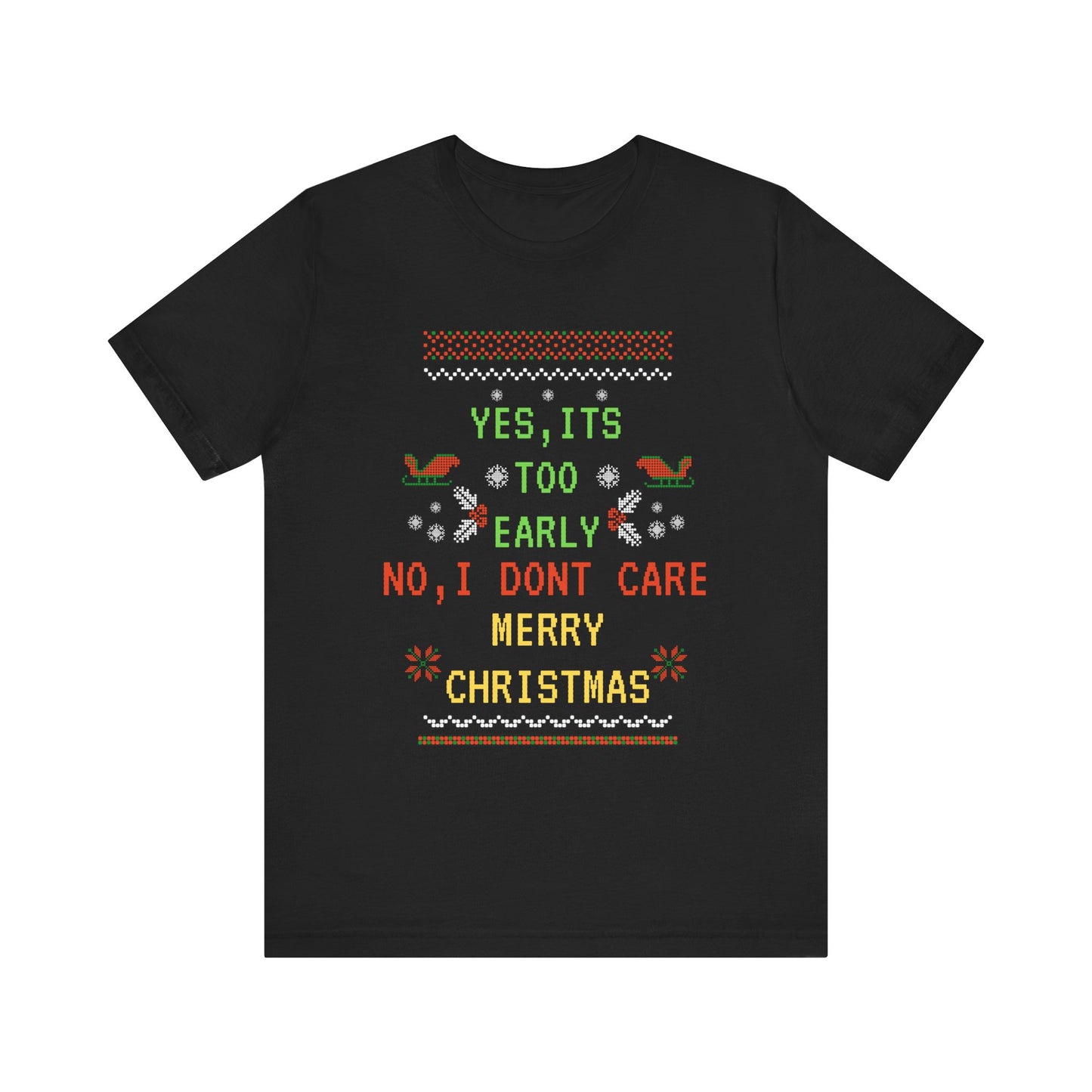 Black t-shirt with festive text design on a white background