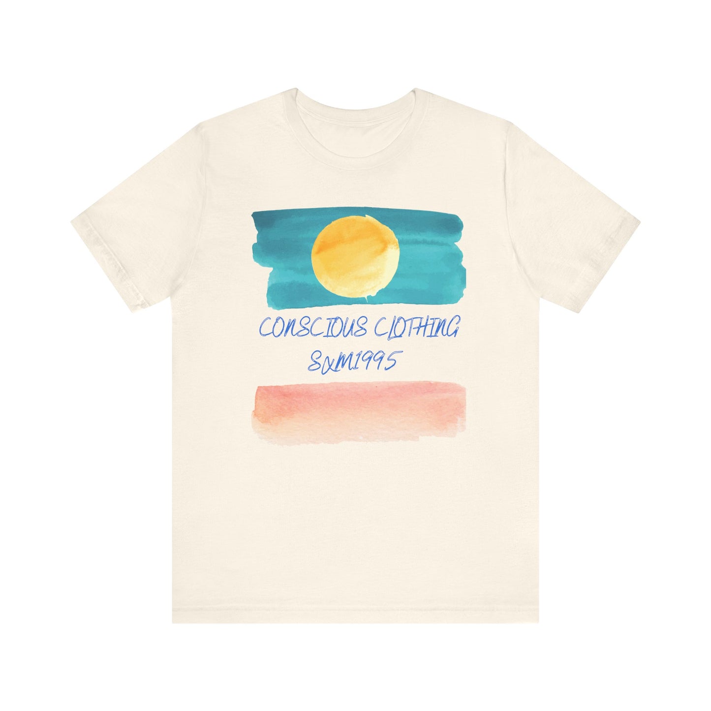 Beige t-shirt with watercolor design and text on a white background
