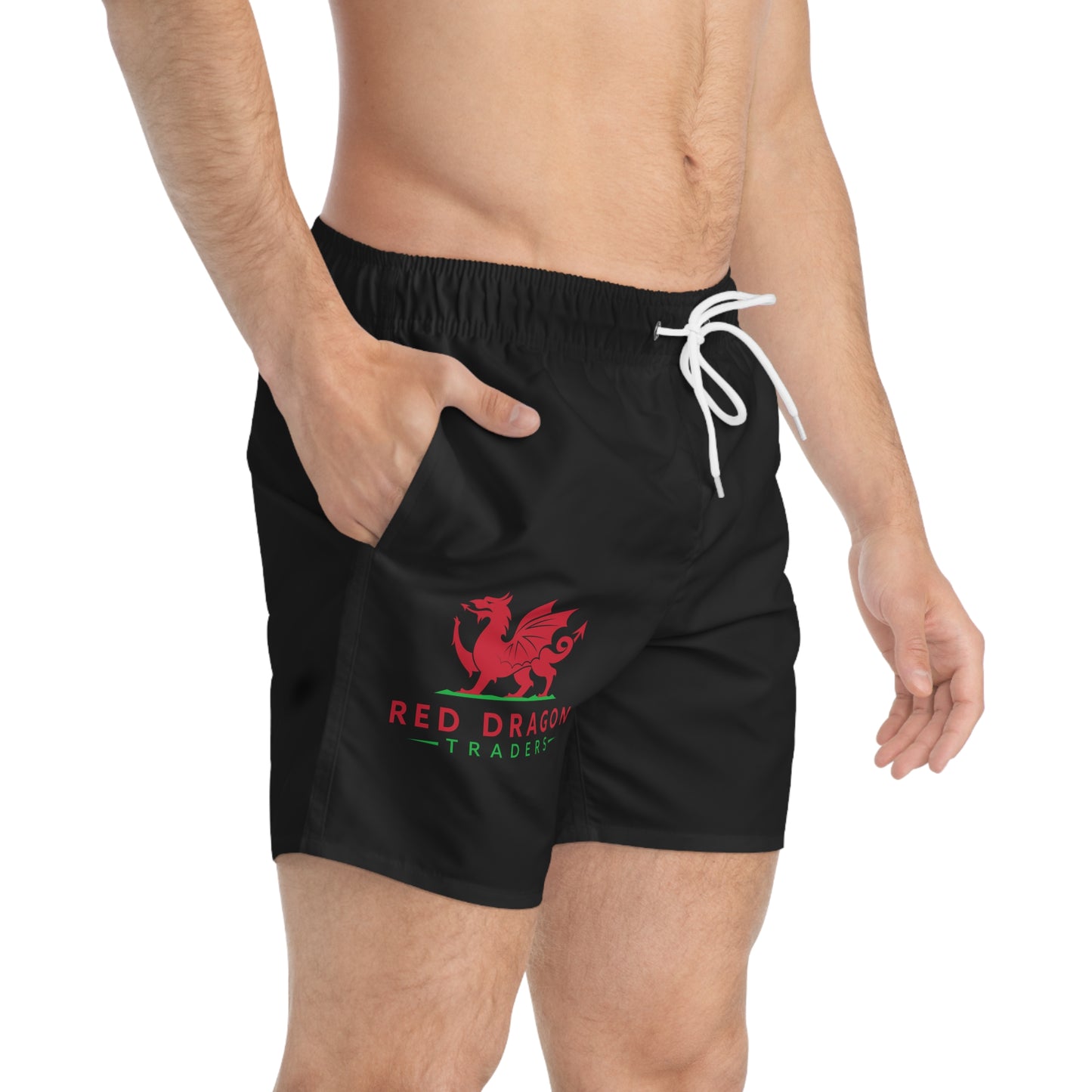 Black shorts with a red dragon logo on a white background