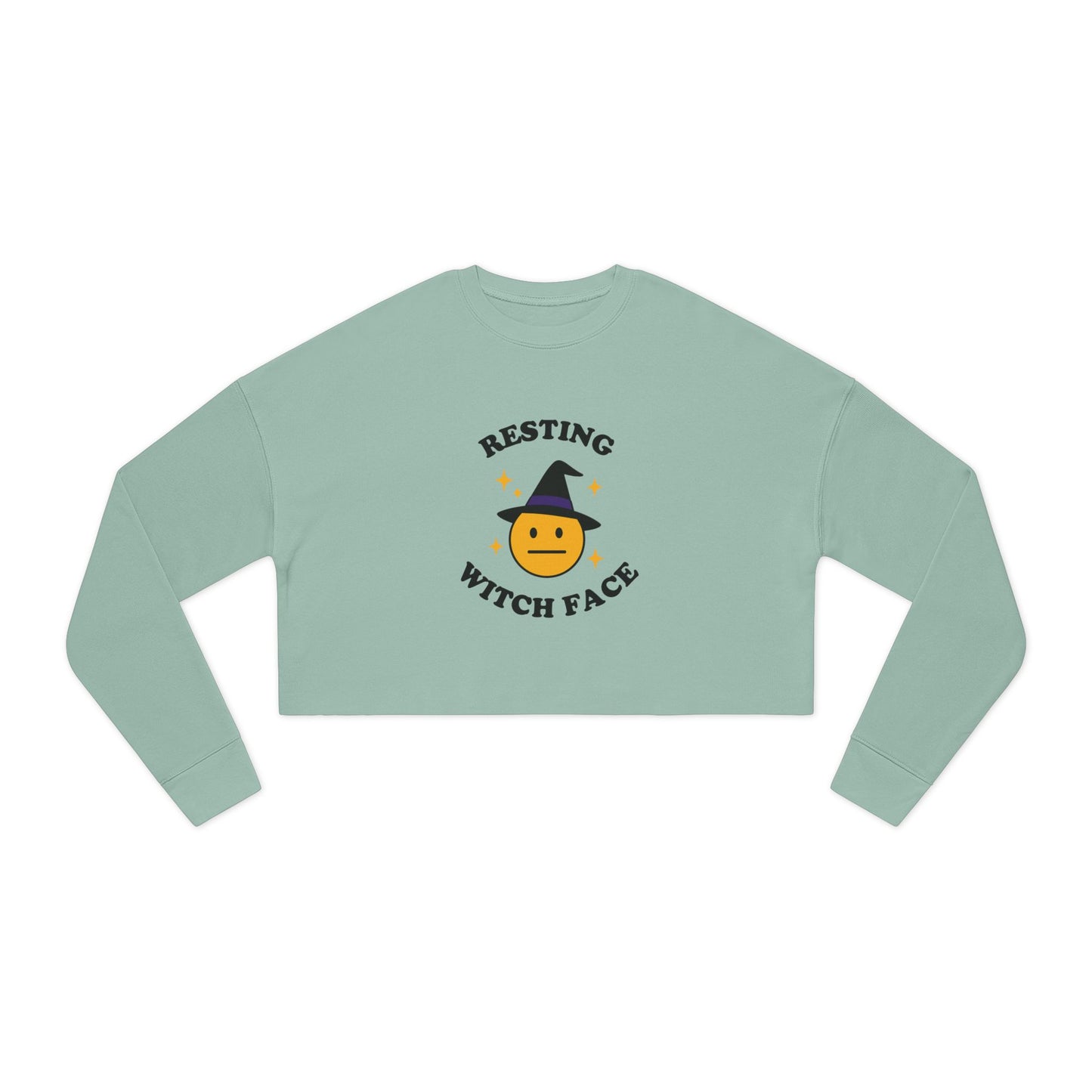Light green long-sleeve crop top with 'Resting Witch Face' graphic on a white background