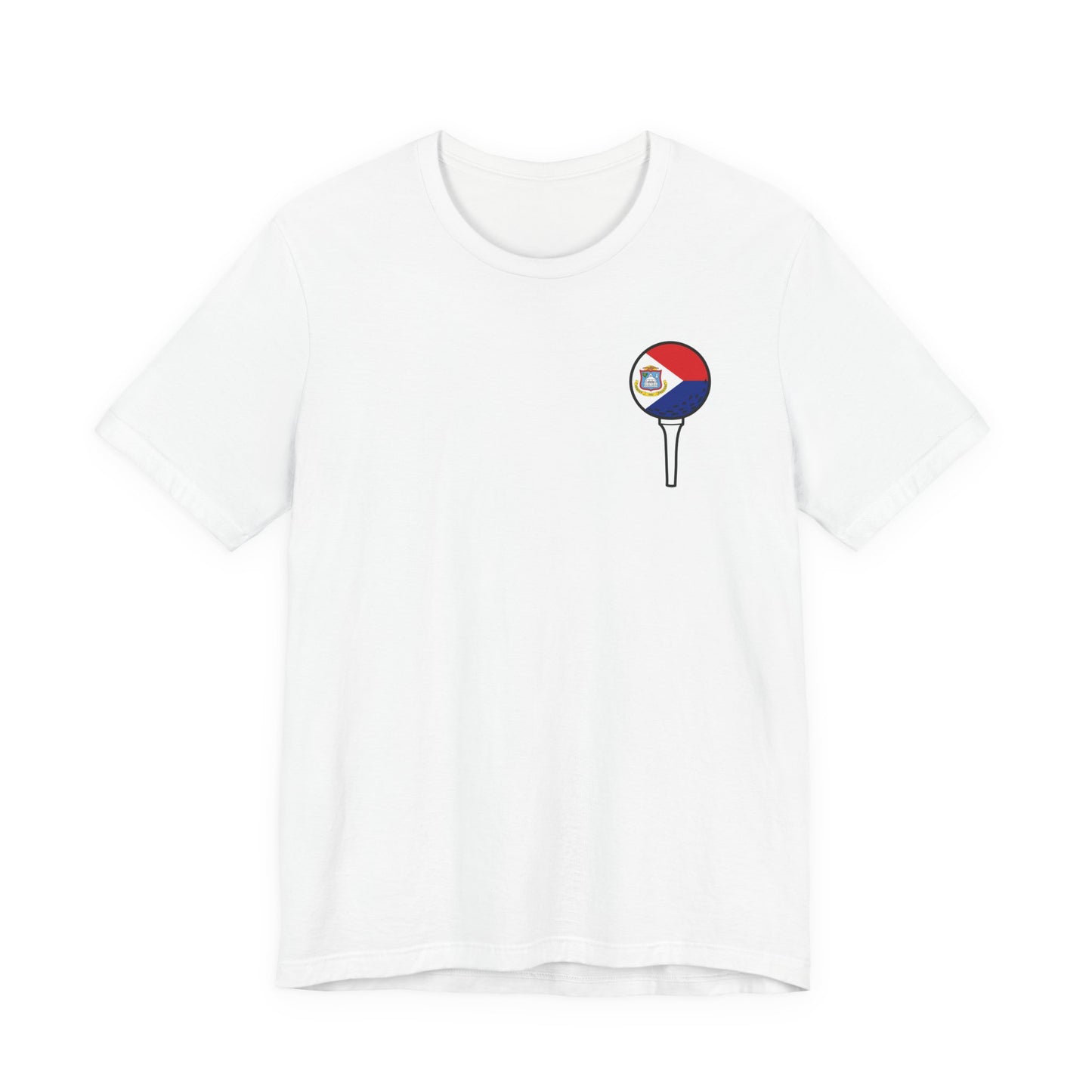 White t-shirt with a small graphic design on a white background