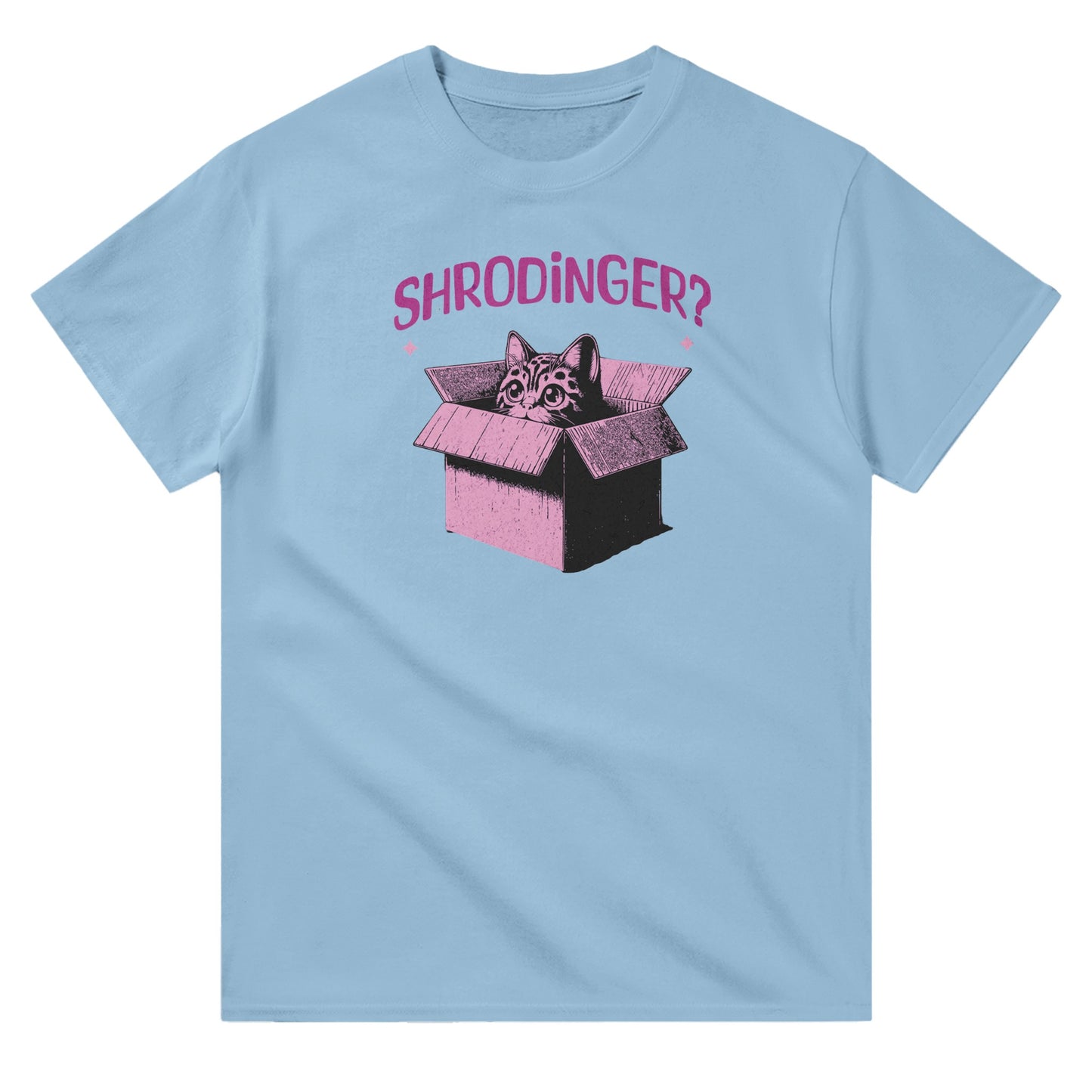 Light Blue unisex crewneck T-shirt with pink graphic of a cat in a box and text “Schrödinger?” – funny science and cat lover shirt.