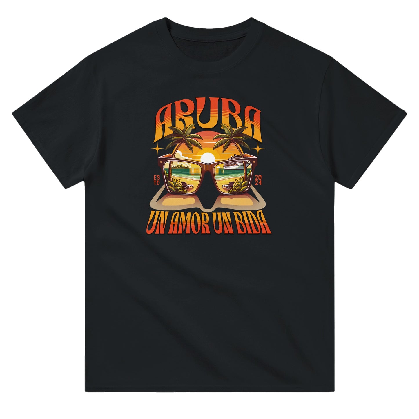 Black unisex crewneck T-shirt with “Aruba – Un Amor, Un Bida” graphic, palm trees, and sunset island design.