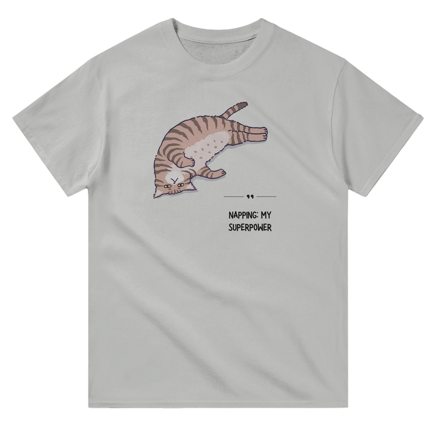 Grey unisex crewneck T-shirt with graphic of a sleeping cat and text “Napping: My Superpower” – funny cat lover shirt.