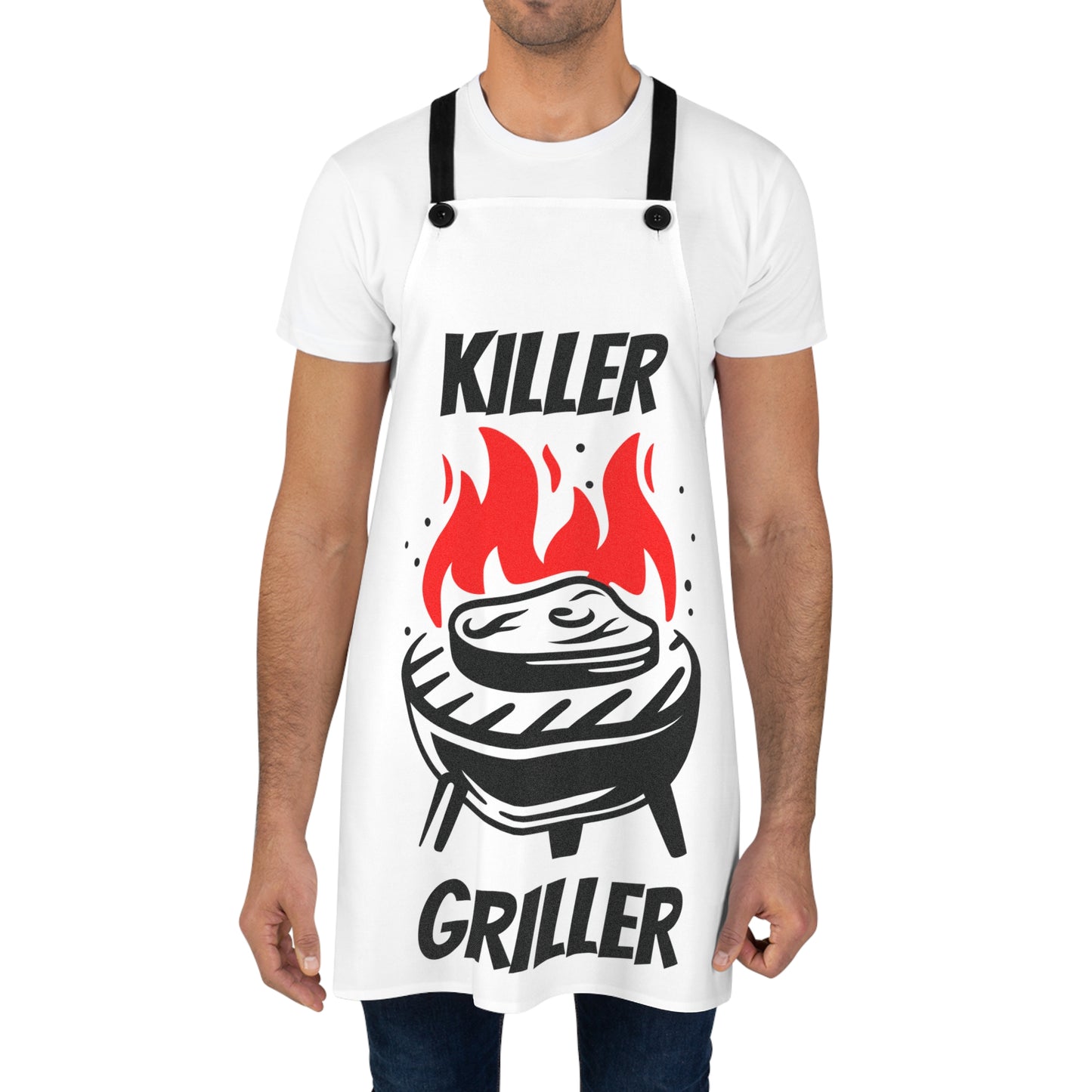 Person wearing a white apron with 'Killer Griller' design on a white background