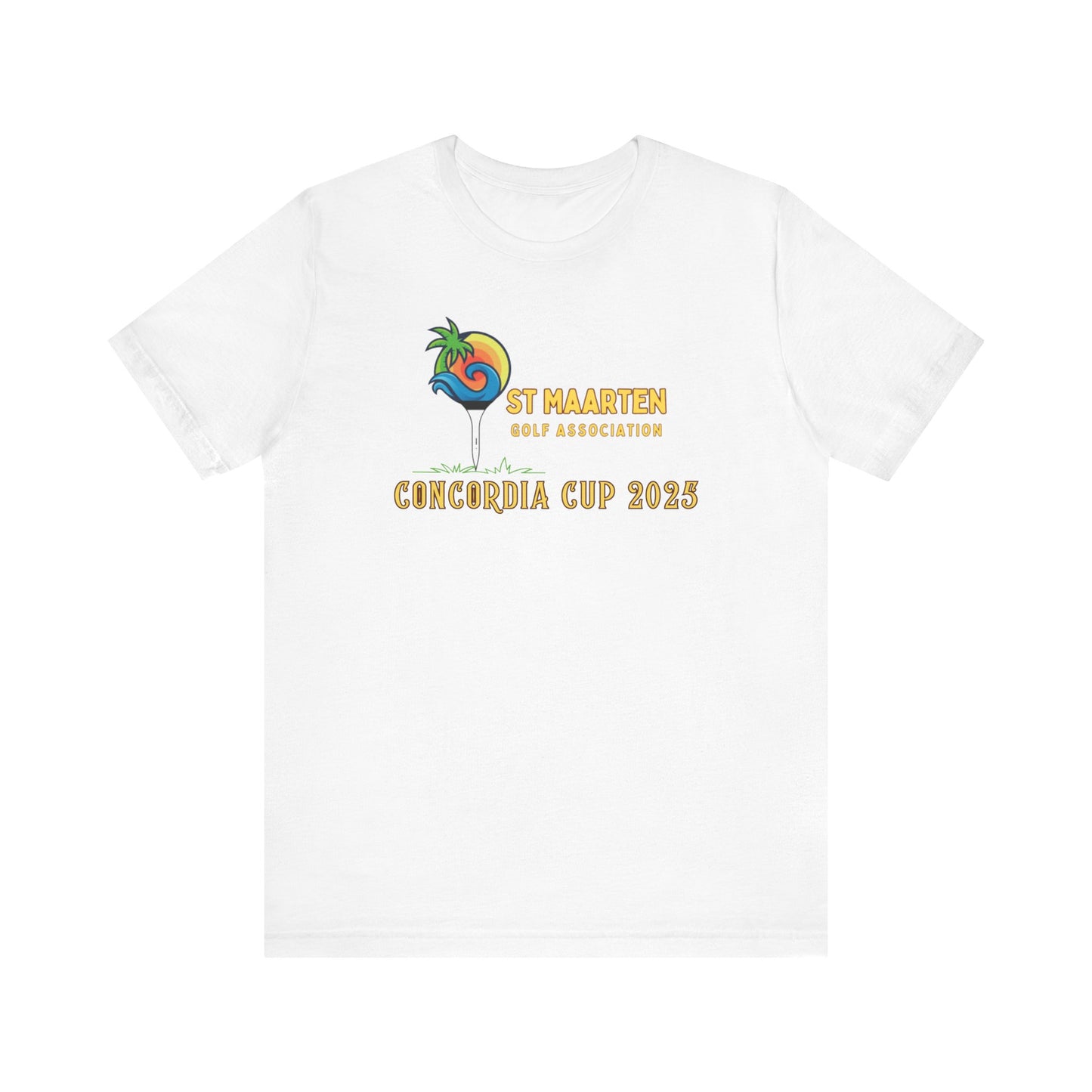 White t-shirt with St Maarten Golf Association Concordia Cup 2023 logo on a white background