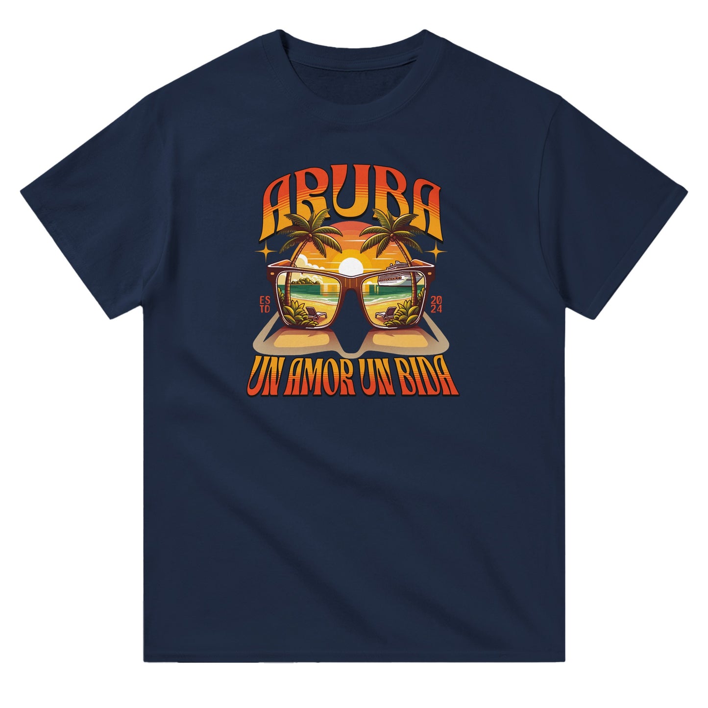 Navy unisex crewneck T-shirt with “Aruba – Un Amor, Un Bida” graphic, palm trees, and sunset island design.