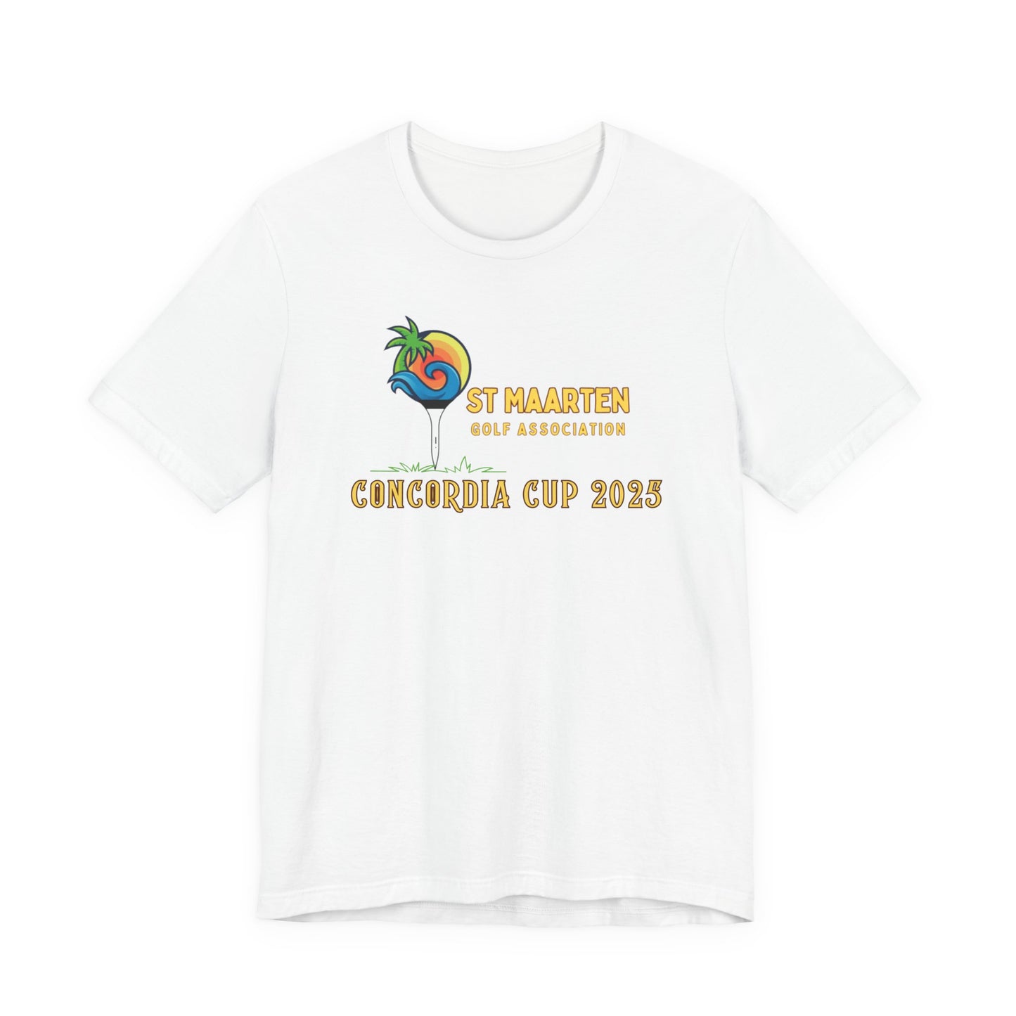 White t-shirt with colorful logo and text on a white background