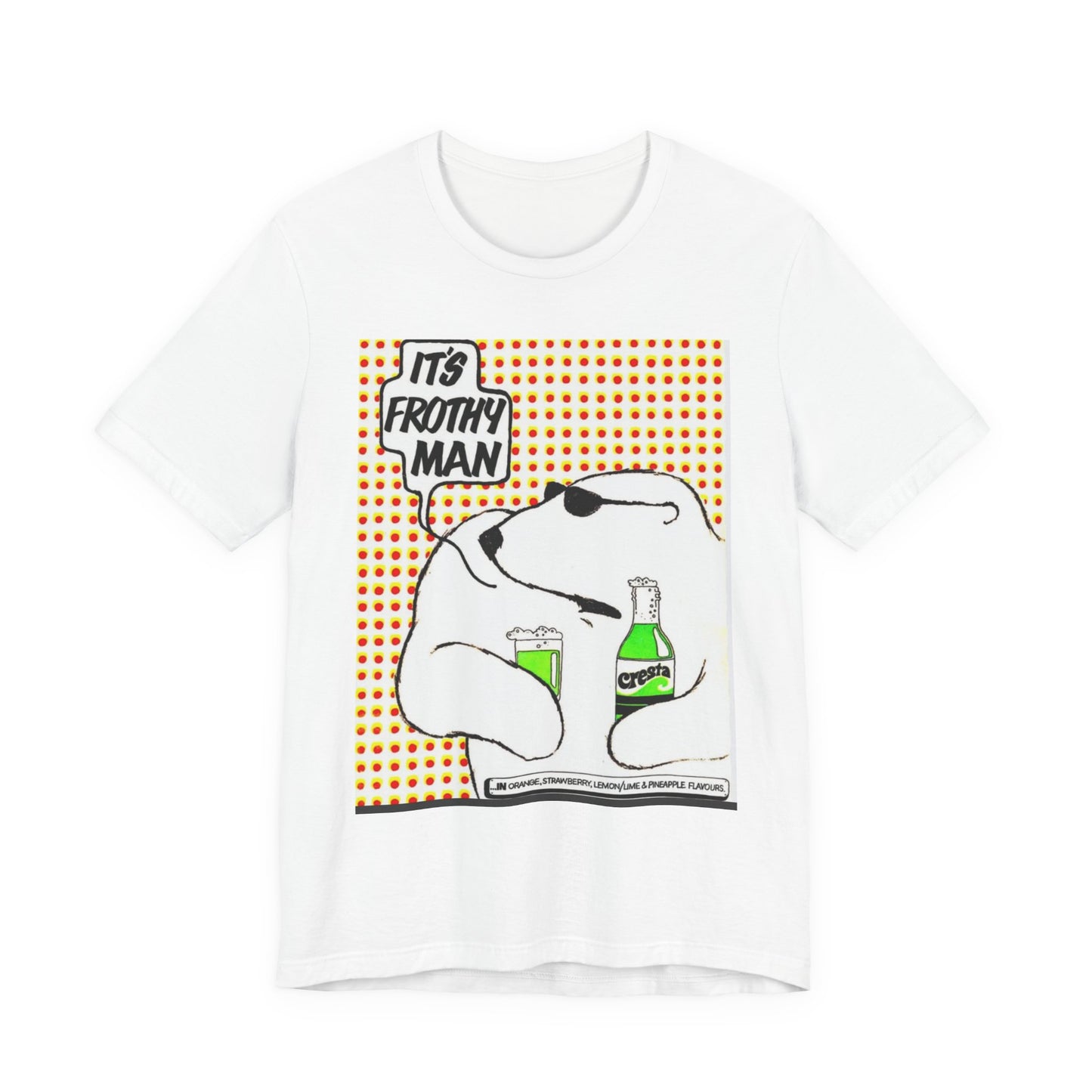 White t-shirt with a graphic of a dog holding a bottle and text 'It's Frothy Man' on a white background