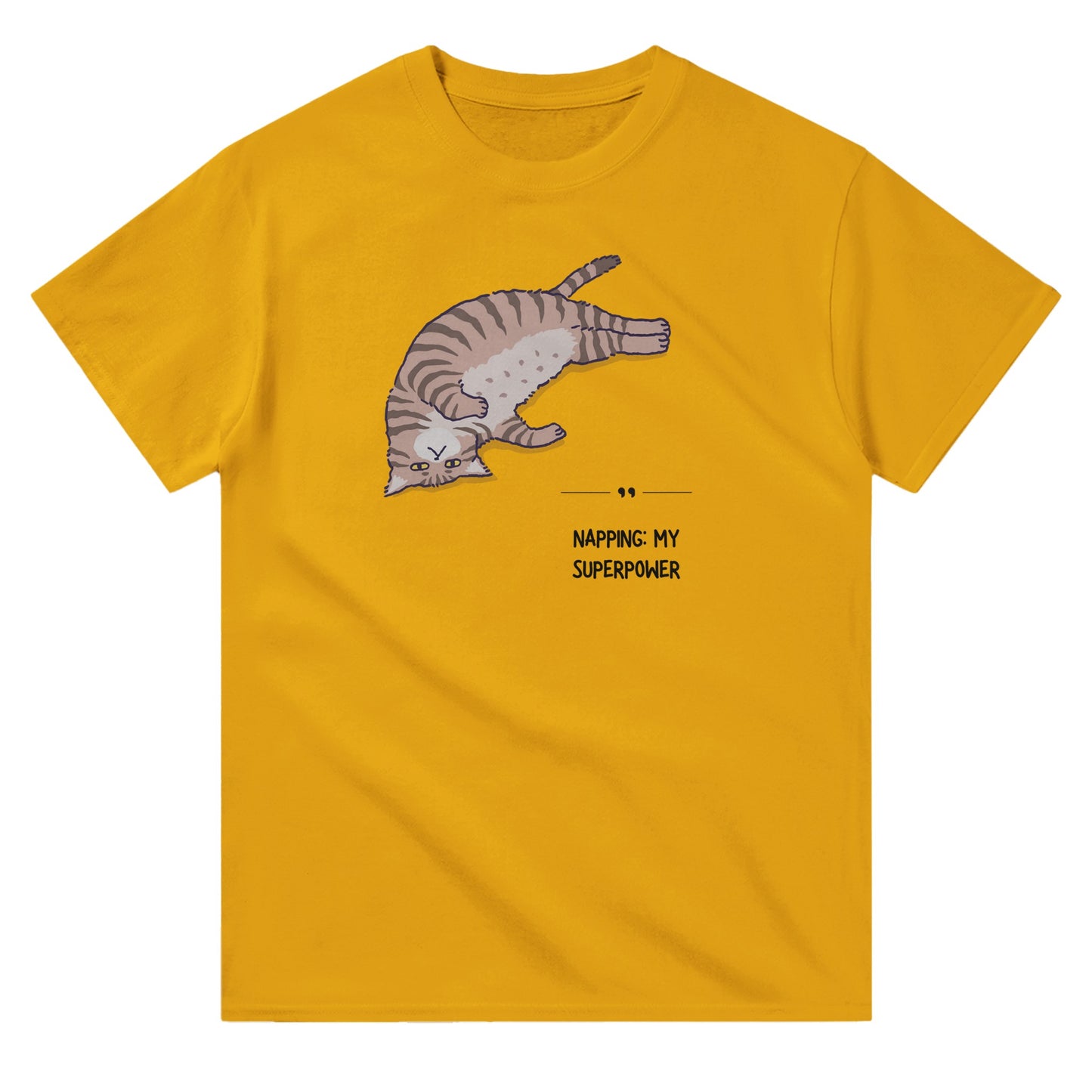 Yellow unisex crewneck T-shirt with graphic of a sleeping cat and text “Napping: My Superpower” – funny cat lover shirt.