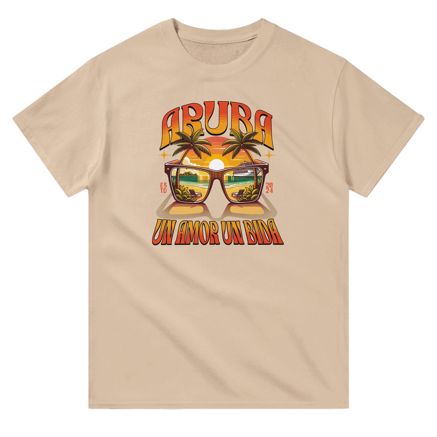 Sand unisex crewneck T-shirt with “Aruba – Un Amor, Un Bida” graphic, palm trees, and sunset island design.