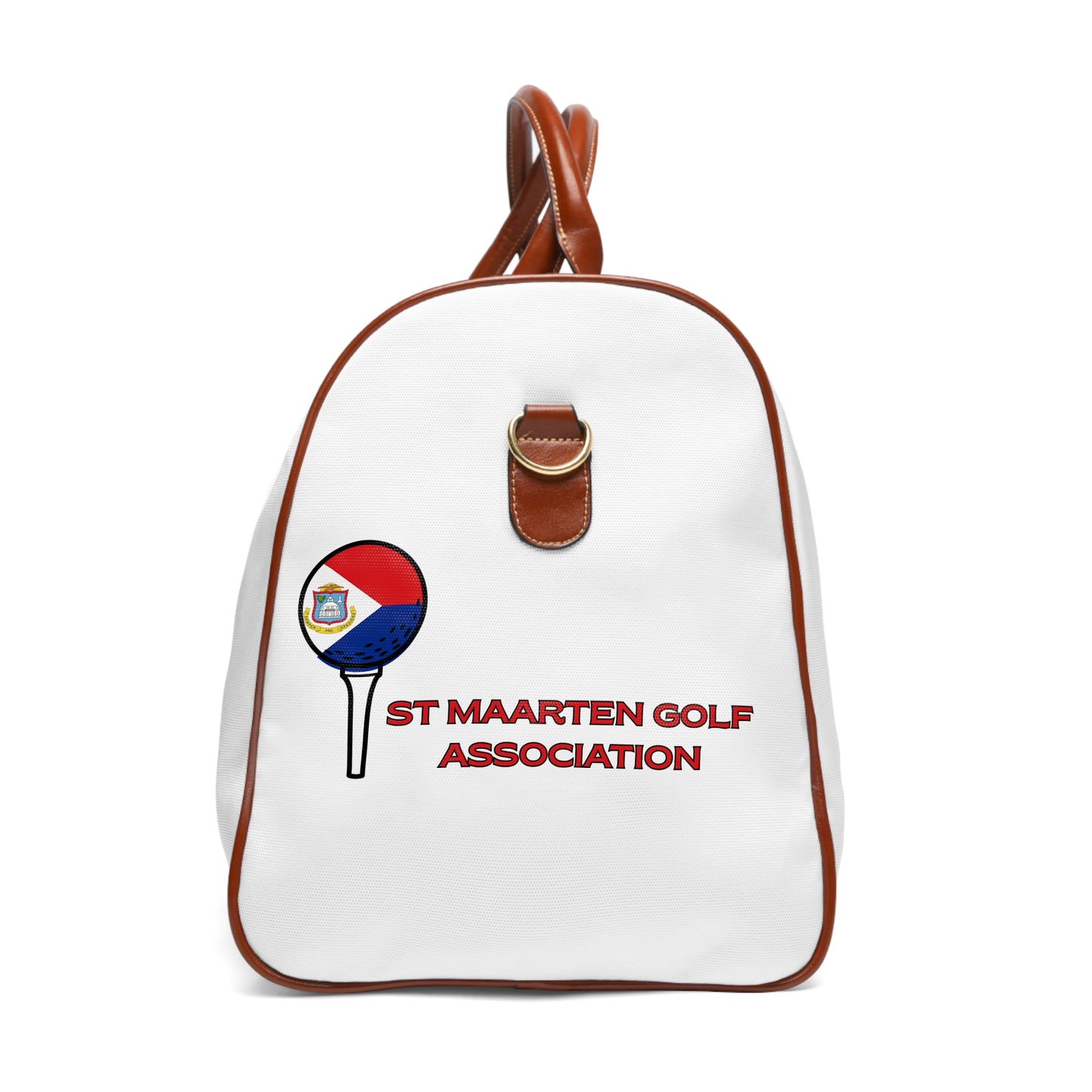 White backpack with brown straps featuring St Maarten Golf Association logo on a white background