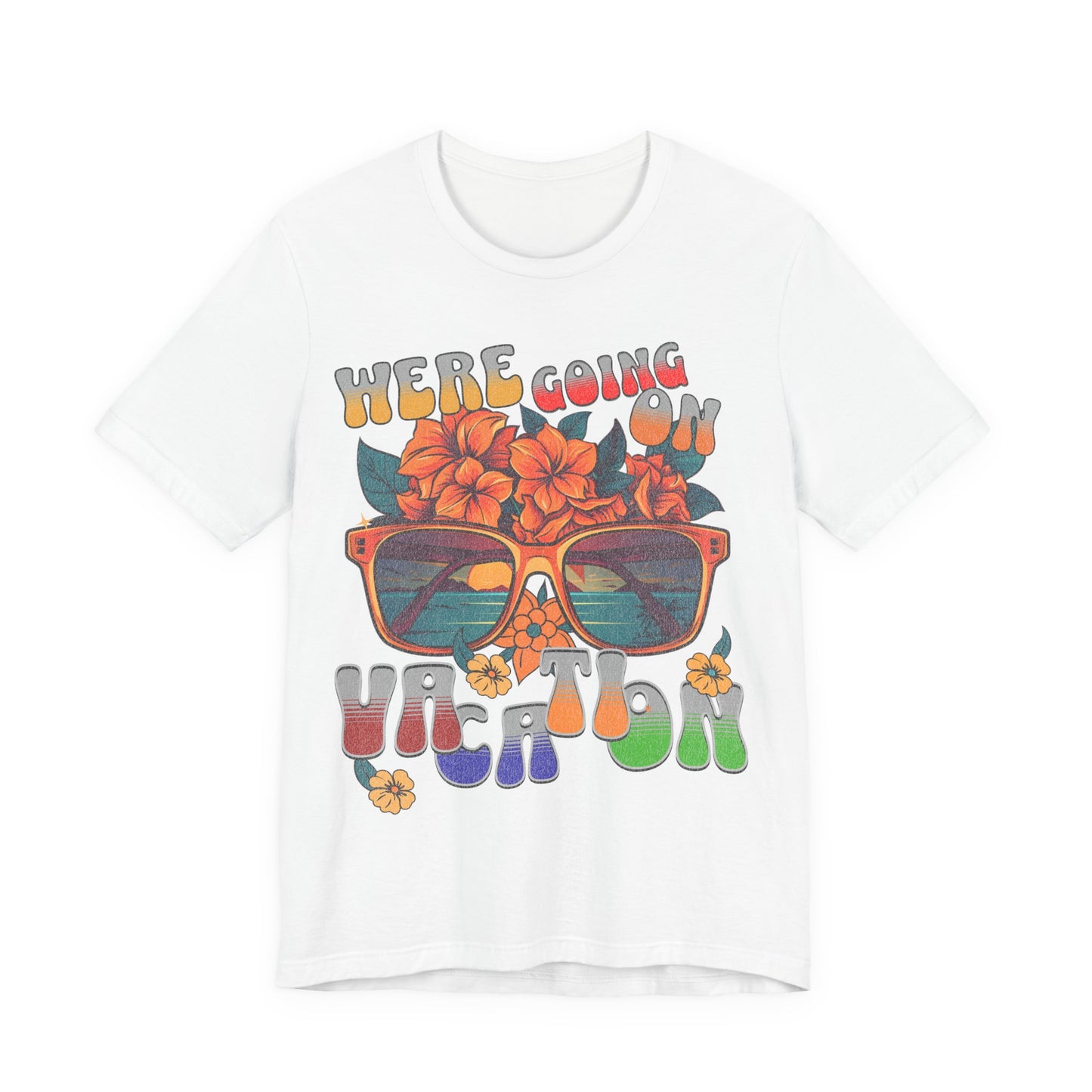 White t-shirt with colorful sunglasses and floral design on a white background
