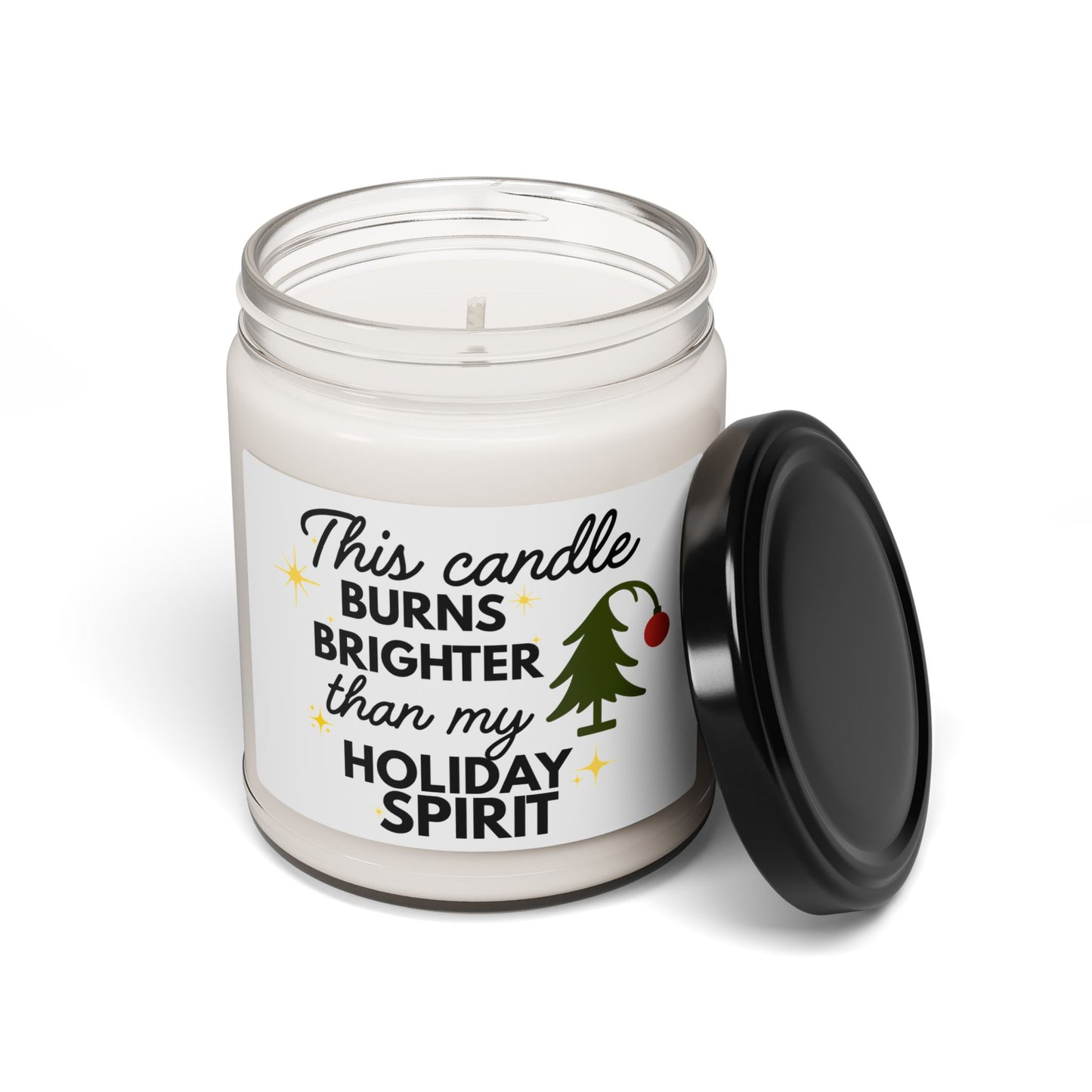 Candle with a festive label on a white background