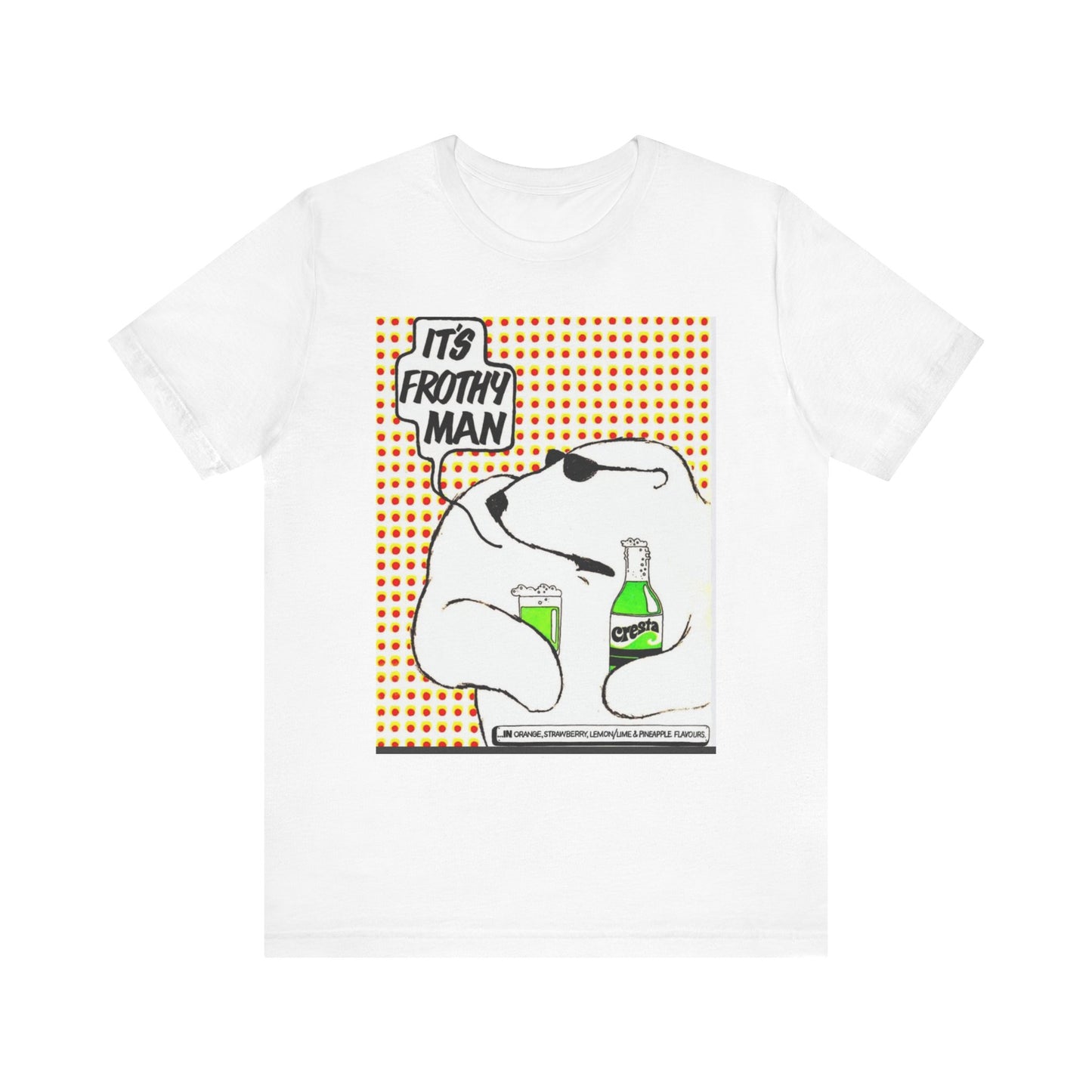 White t-shirt with a graphic of a dog holding a bottle and text 'It's Frothy Man' on a white background