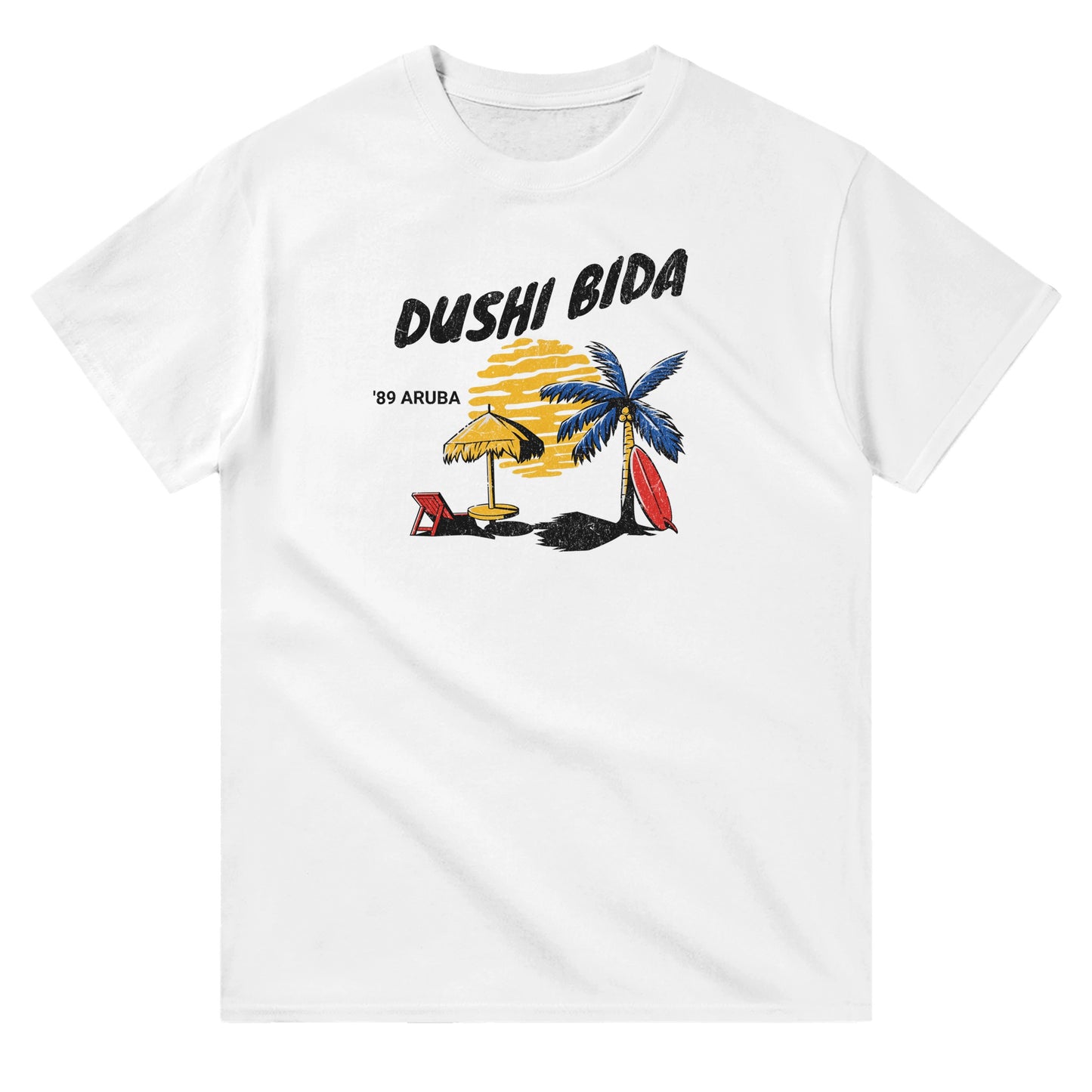 White unisex crewneck T-shirt with palm tree and hammock design and text “Dushi Bida – Aruba” – Caribbean souvenir shirt.
