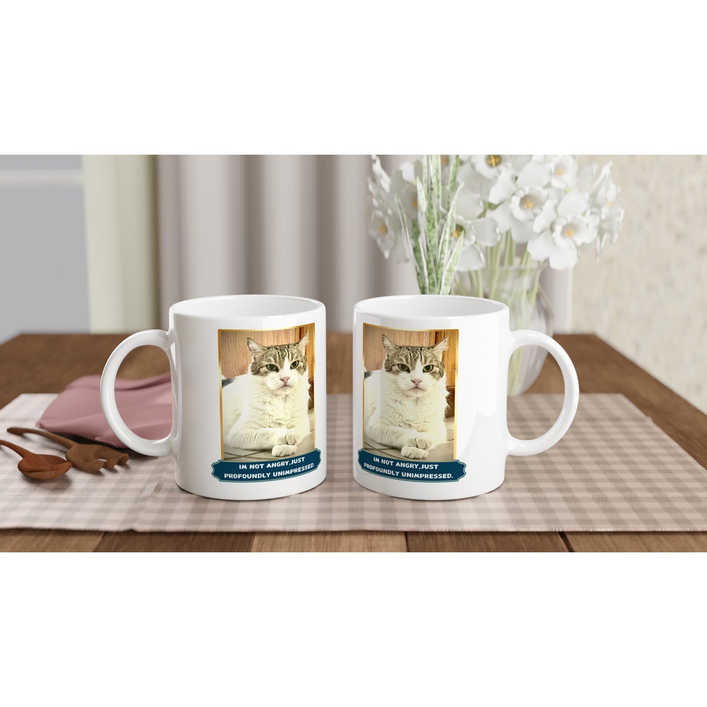 White ceramic coffee mug with a grumpy cat photo and the quote “I’m Not Angry, I’m Just Profoundly Unimpressed” – funny cat lover gift.
