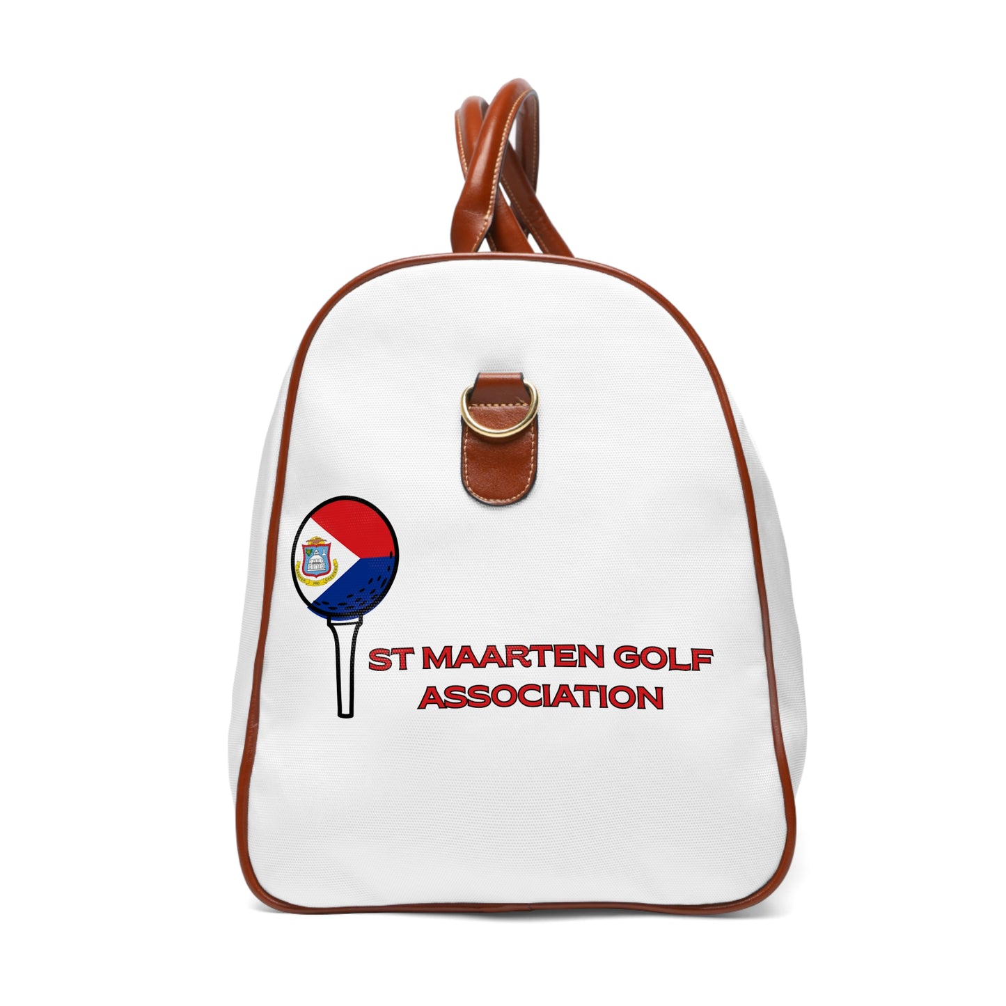 White backpack with brown straps featuring St. Maarten Golf Association logo on a white background