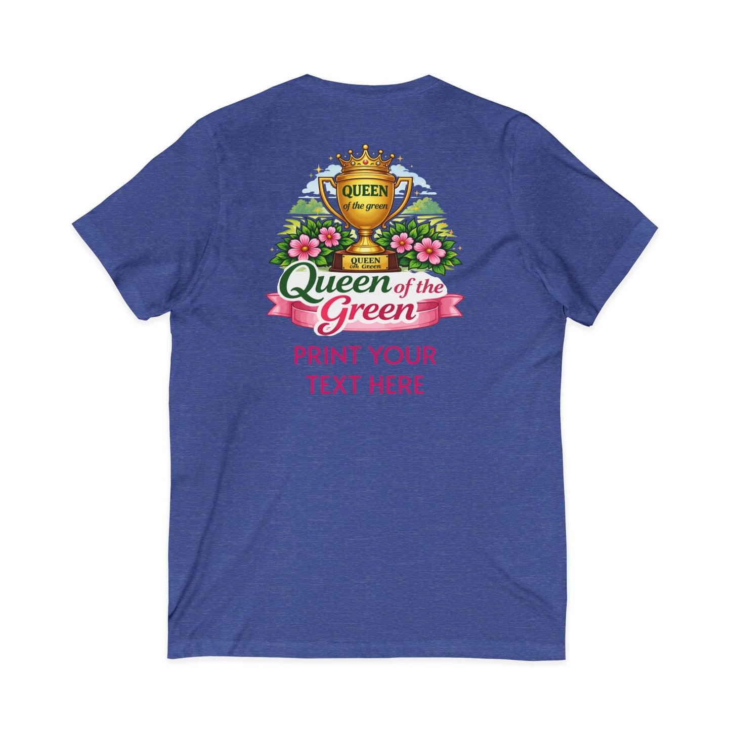 Blue t-shirt with 'Queen of the Green' graphic design on a white background